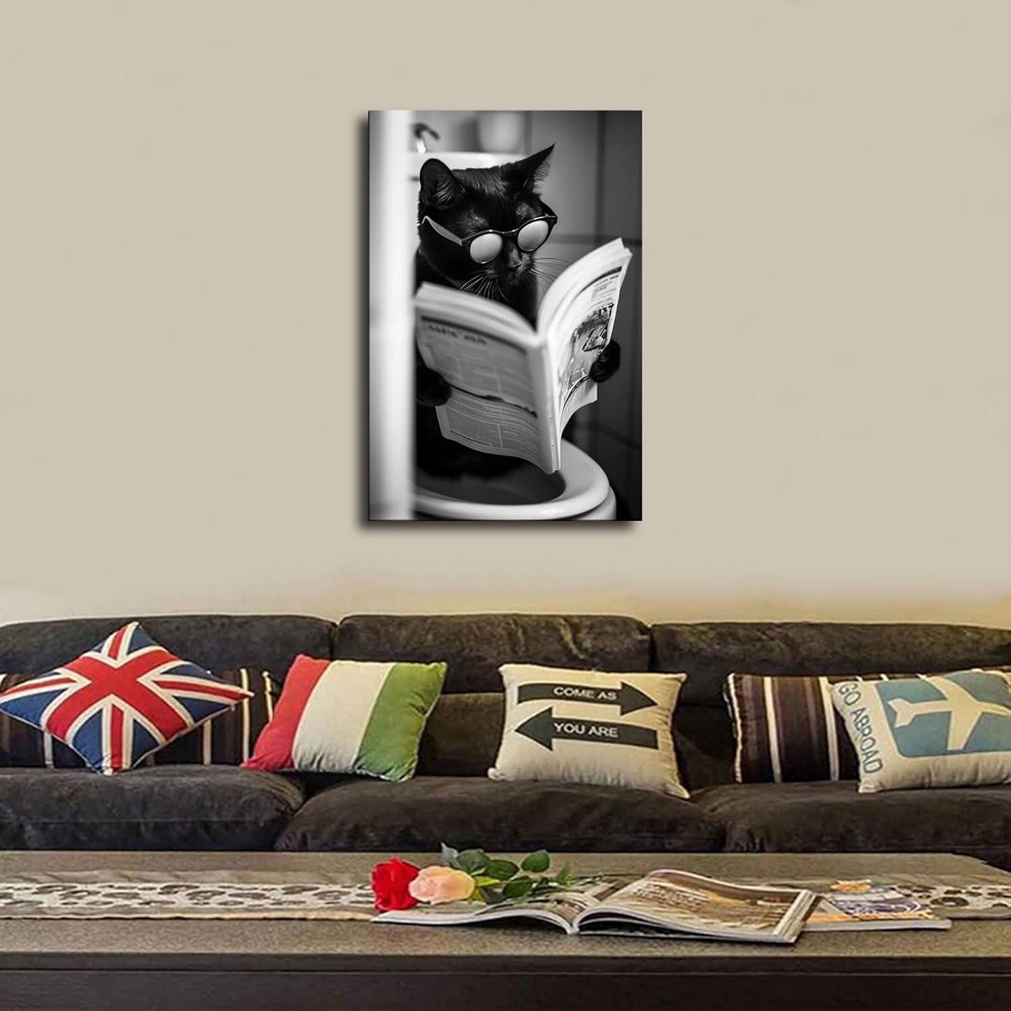 chenmjj Animal Cat Reading Newspaper in Toilet Print Poster Picture HD Print Poster Retro Painted Modern Home Bedroom Room Aesthetic Decoration Canvas Art (08x12inch Unframed)
