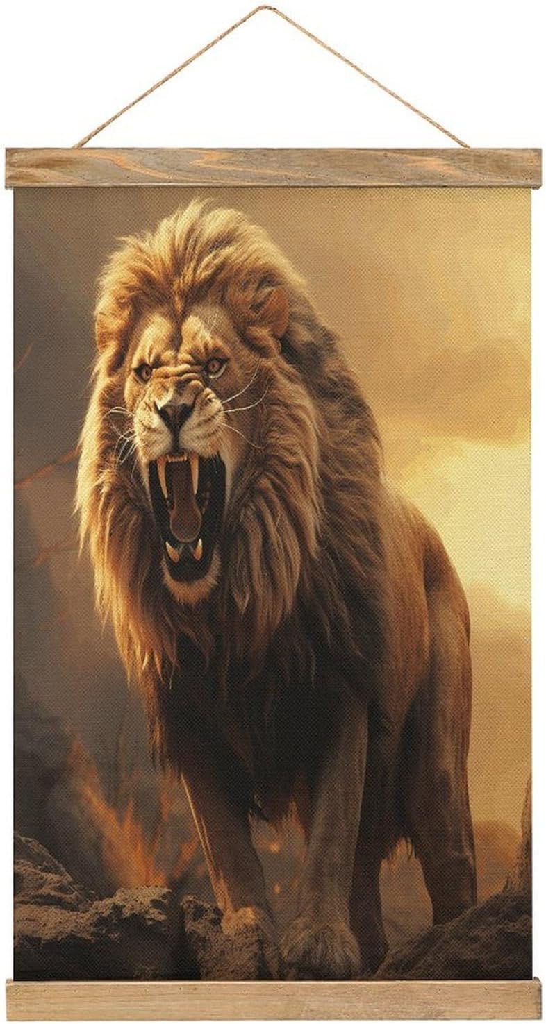 Vintage Angry Roaring Lion Poster with Wooden Frame Personalized Linen Hanging Scroll Painting Rustic Wall Hanging Illustrative Modern Artwork Decor for Home Living Room Bedroom Office