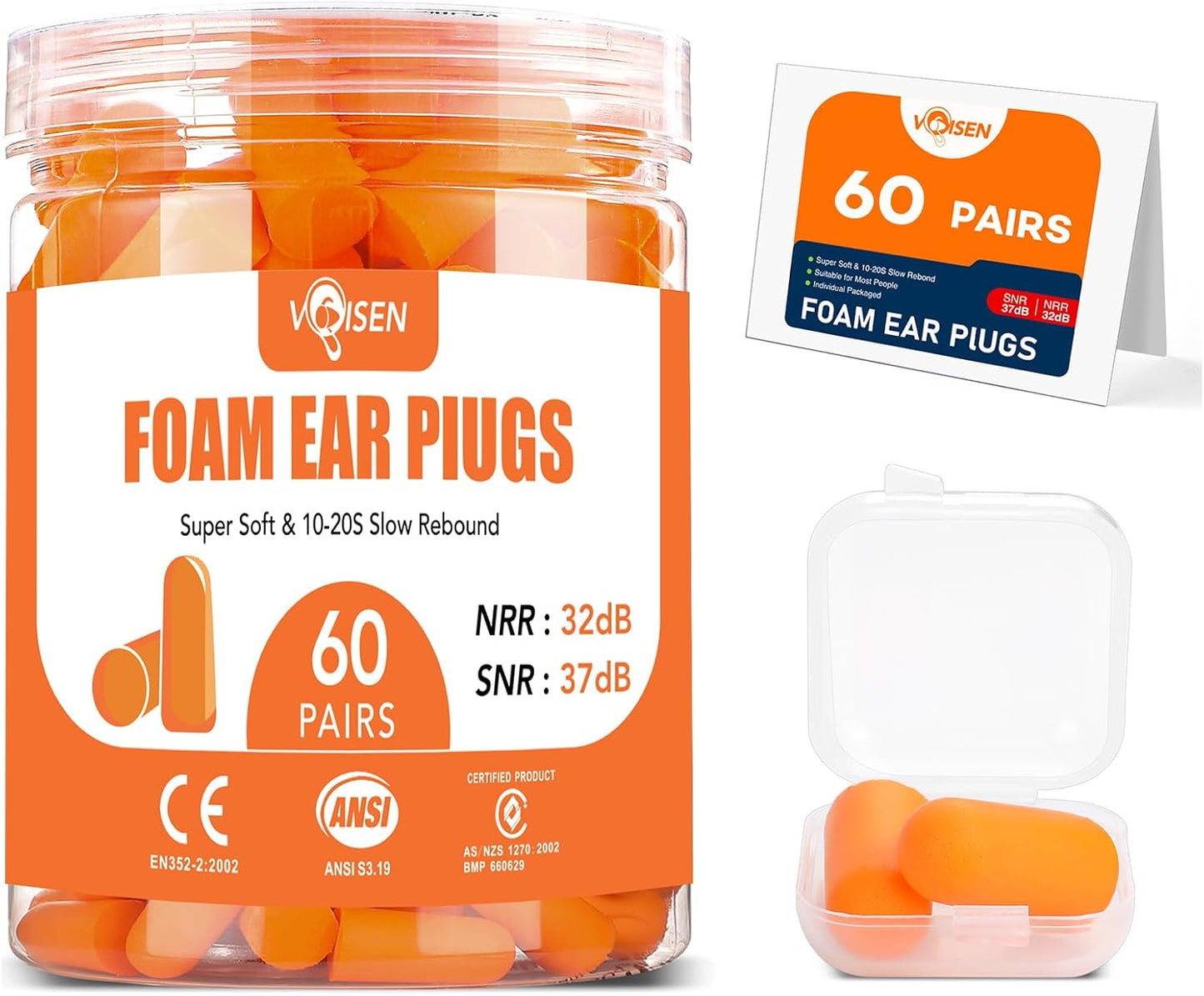 VOISEN 60 Pairs Foam Ear Plugs, Ear Plugs for Sleeping Noise Cancelling, 32dB NRR, 37dB SNR Earplugs for Sleeping, Snoring, Studying, Loud Events, Traveling & Concerts, A Storage Box, Orange