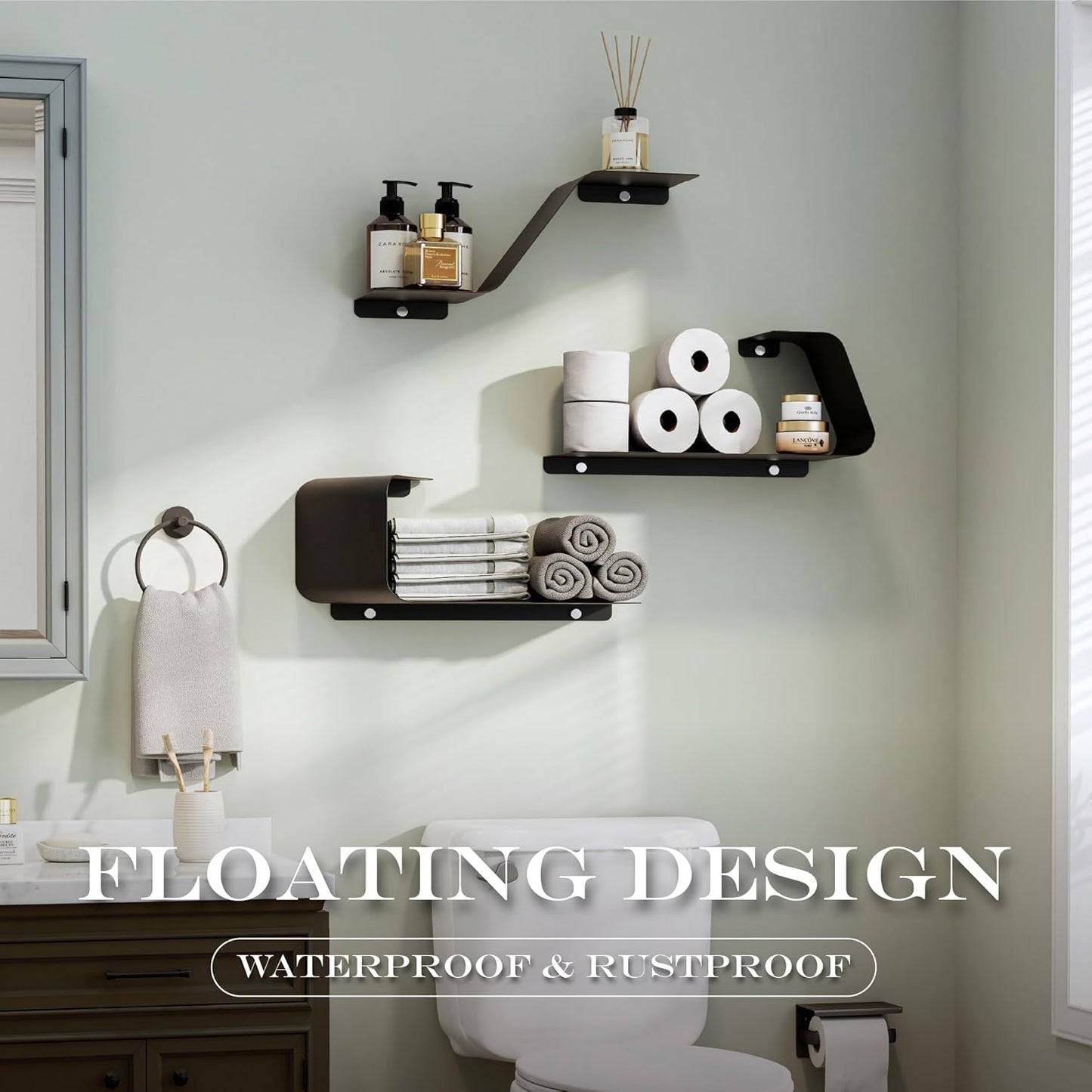 Floating Wall Shelves — Set of 3, Wall-Mounted Metal, Black