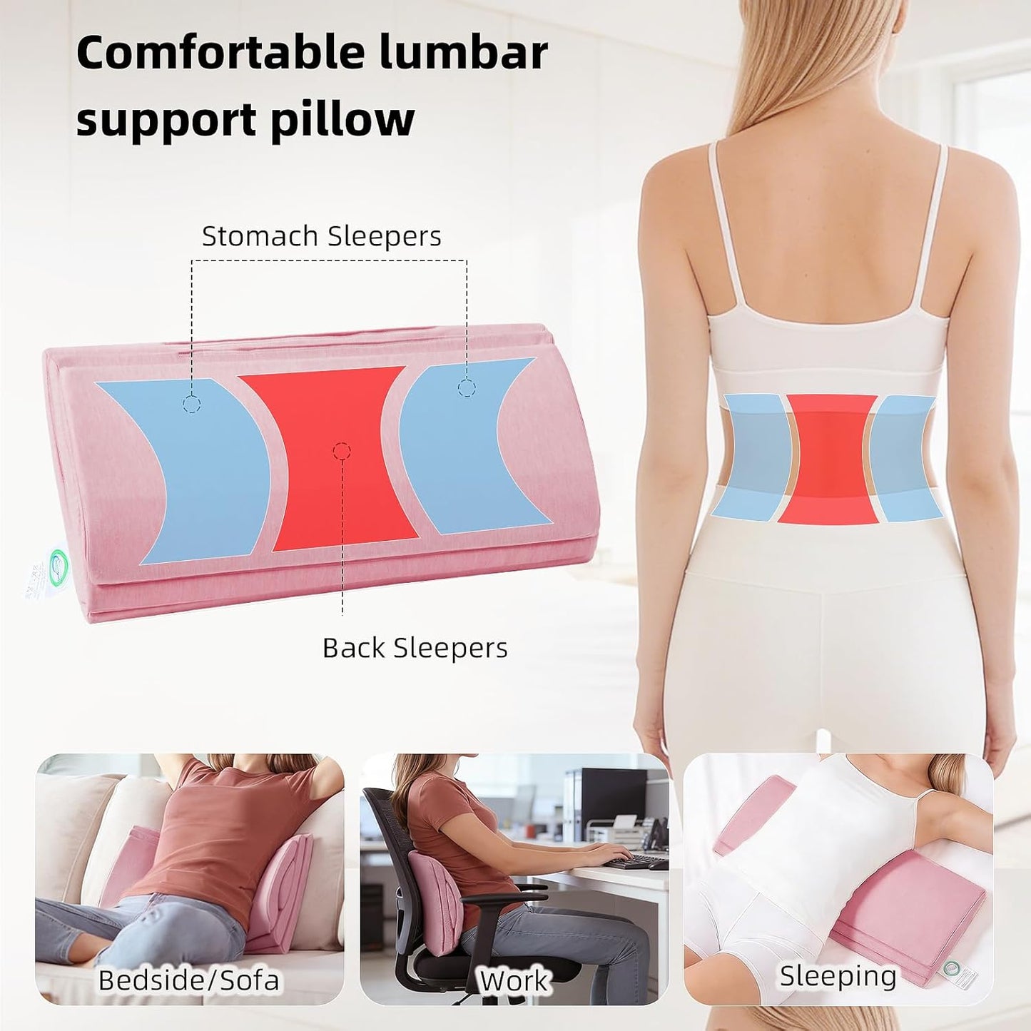 4-Layer Lumbar Pillow for Sleeping & Lying Down, Height-Boosting Layer, Soft/Firm Interchangeable Inserts & Washable Cover, Lower Back Support for Bed, Side & Back Sleepers