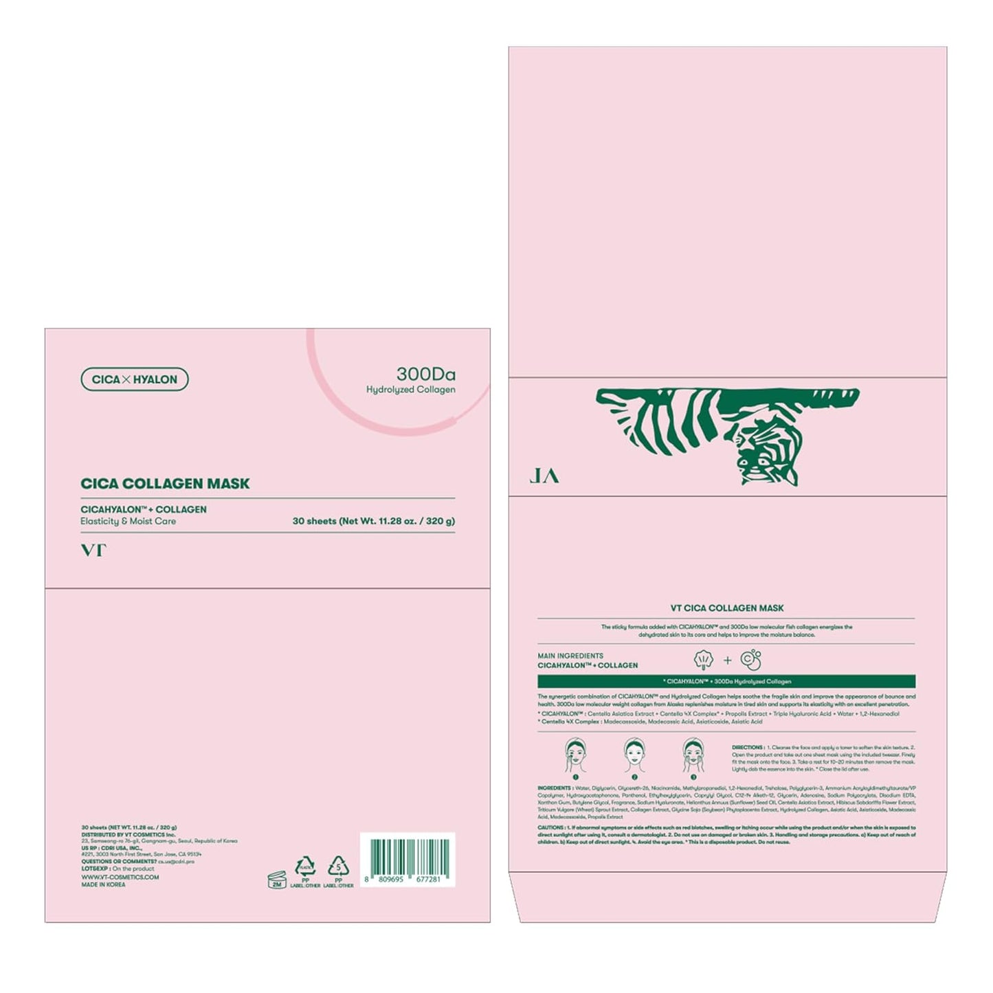 VT COSMETICS CICA Pink Daily Mask 30 Sheets, 300Da Low Molecular Collagen for Skin Elasticity, Hydrating & Firming, Pink Collagen Essence, Korean Face Mask
