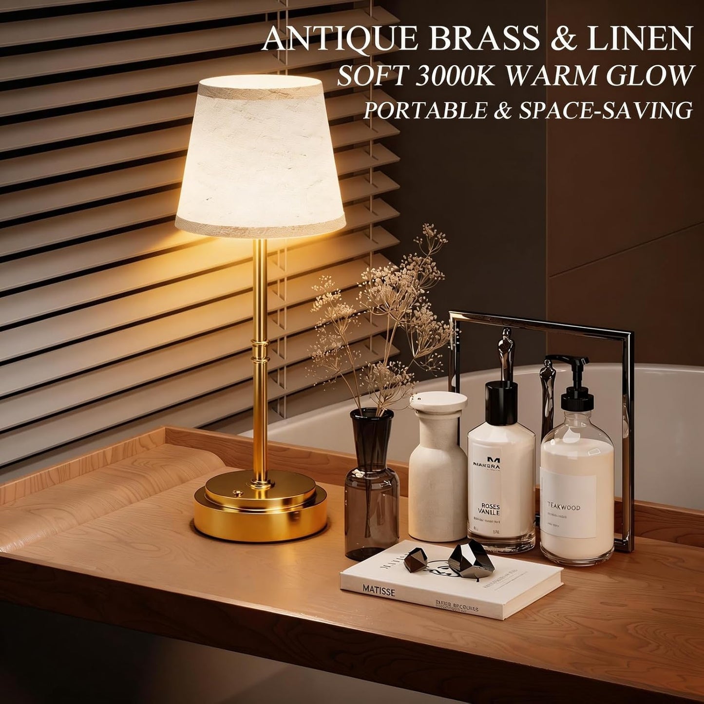 Cordless Table Lamp - 7500mAh Longest Lasting Battery Operated Lamp, 1 Pack Antique Brass Aesthetic Cozy Rechargeable Desk Lamp for Kitchen Counter, Dining Room & Restaurant Centerpiece