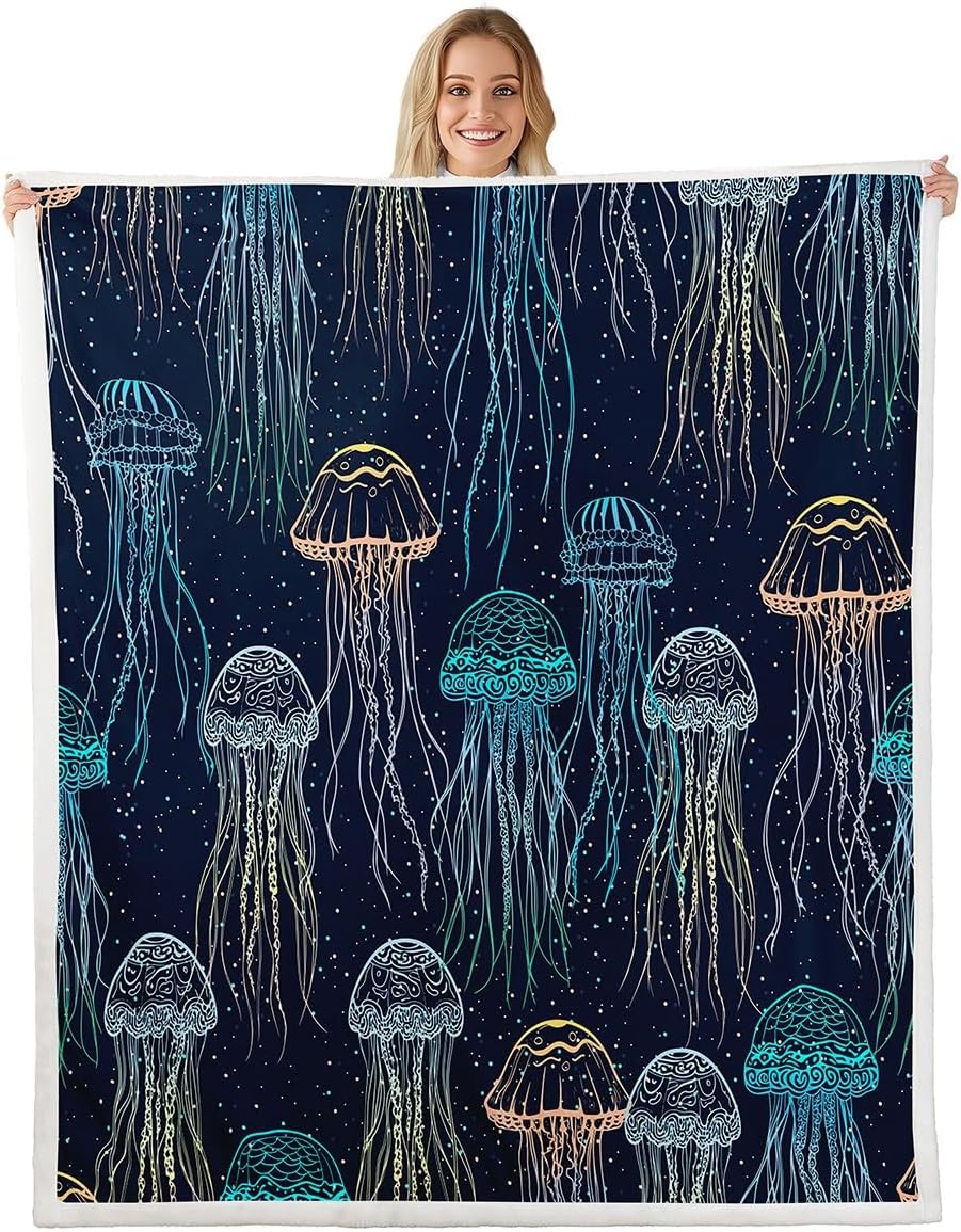 Feelyou Cute Jellyfish Sherpa Blanket Ocean Creature Themed Fleece Throw Blanket Sea Underwater World Warm Plush for Sofa Couch Bed Marine Life Sealife Fuzzy Twin 60"x80"