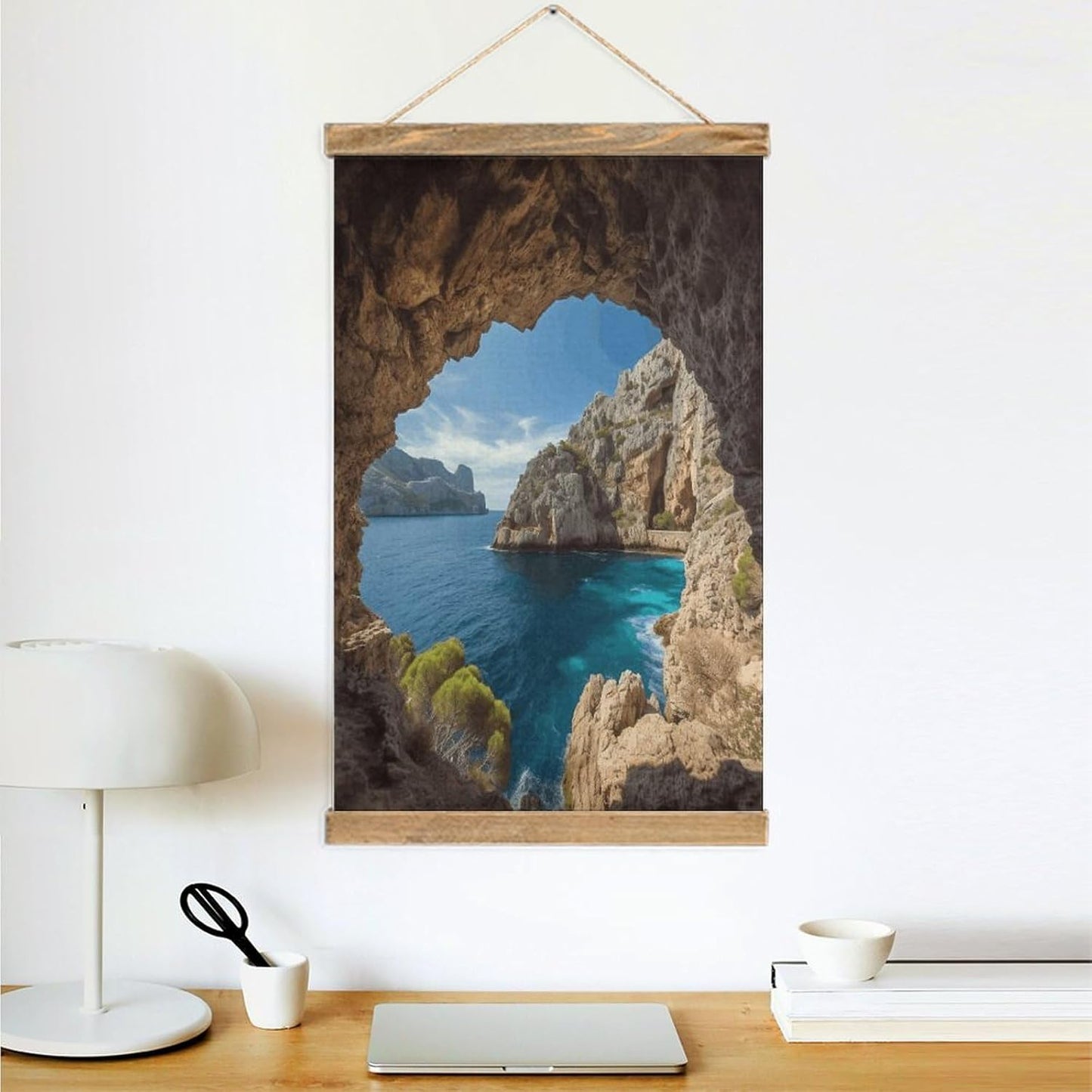 Vintage Arch in Mallorca Spain Poster with Wooden Frame Personalized Linen Hanging Scroll Painting Rustic Wall Hanging Illustrative Modern Artwork Decor for Home Living Room Bedroom Office