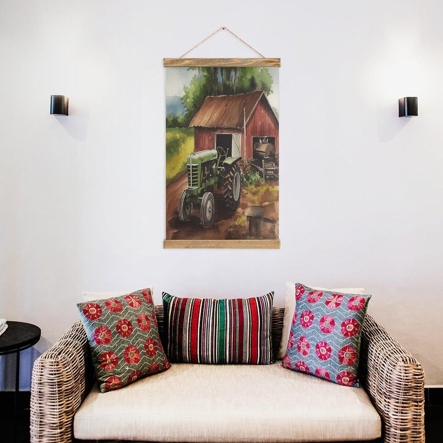 Vintage Tractor on The Farm Poster with Wooden Frame Personalized Linen Hanging Scroll Painting Rustic Wall Hanging Illustrative Modern Artwork Decor for Home Living Room Bedroom Office