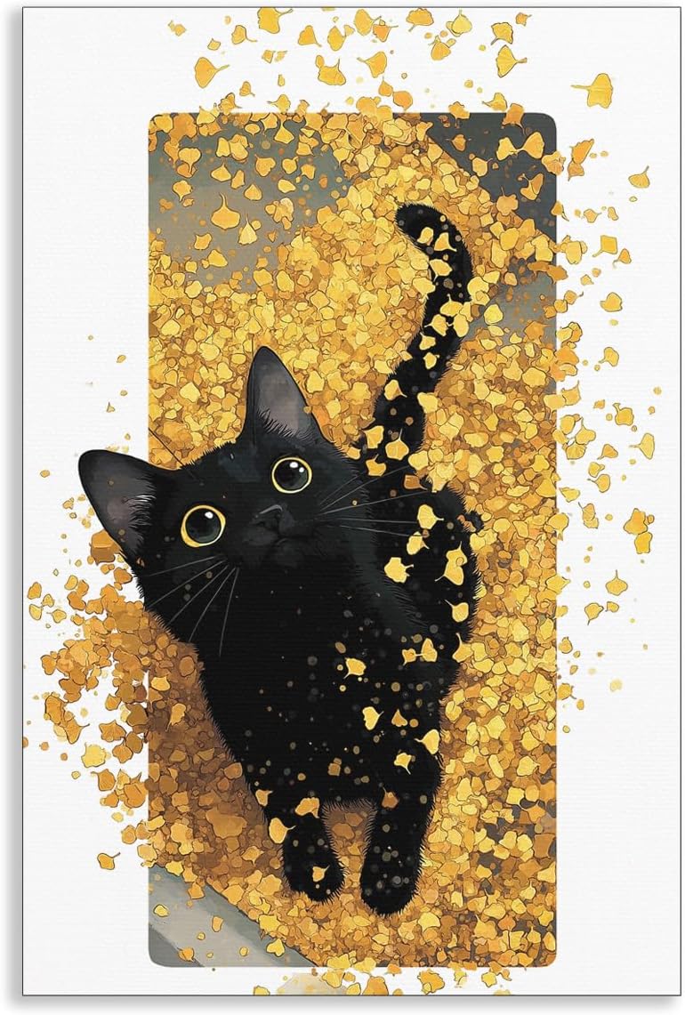 OAOPIC Black Cat Canvas Wall Art, Cat Sits Among Autumn Falling Maple Leaves Poster, Cozy Fall Season Halloween Wall Decor, Thanksgiving Day Cute Kitty Painting Gift for Animal Lover 8x12in Unframed