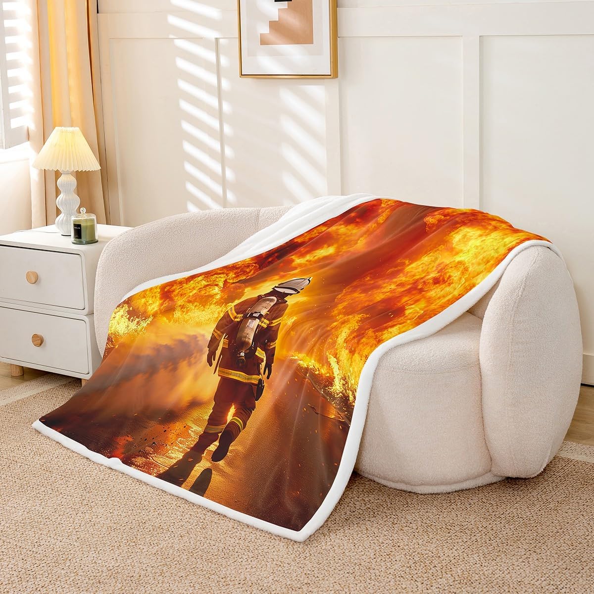 Fireman Sherpa Blanket Firefighter Printed Blanket for Sofa Couch Bed Burning Fire Fleece Throw Blanket Fire Fighting Hero Warm Flannel Blanket Room Decor Plush Fuzzy Blanket Twin 60"x80"