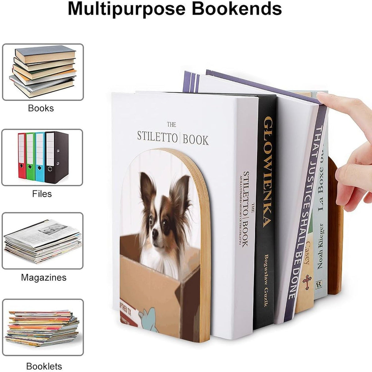 Non-Slip Bookend for Shelves Papillon in The Box Wooden Bookends with Metal Base Decorative Book Stopper for Home Heavy Duty Wood Book Storage for Books/CDs