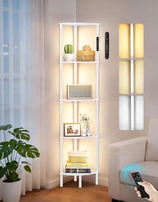 5-Tier Corner Bookshelf with LED Lights, Touch & Remote Control, 3 Color Temperatures, Dimmable Narrow Display Shelf with 1-Hour Timer for Living Room, Bedroom, Office (White)