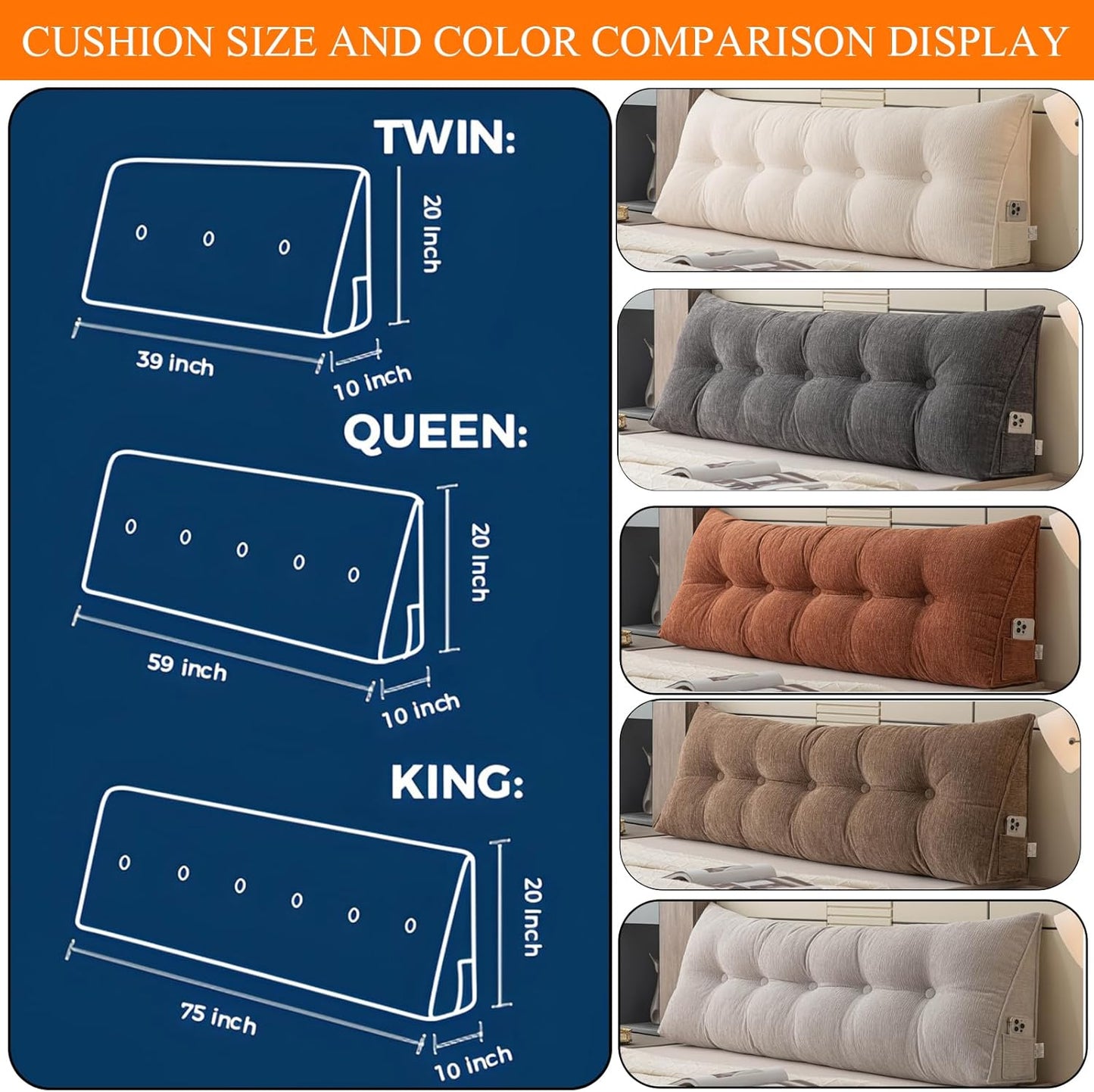 Queen Wedge Headboard Pillow Wedge Pillow Headboard Queen Wedge Pillow,with Removable Cover And Two Large Side Pockets,for Beds, Sofas, Floors.Especially for sitting or Reading In Bed(Carbon Black )