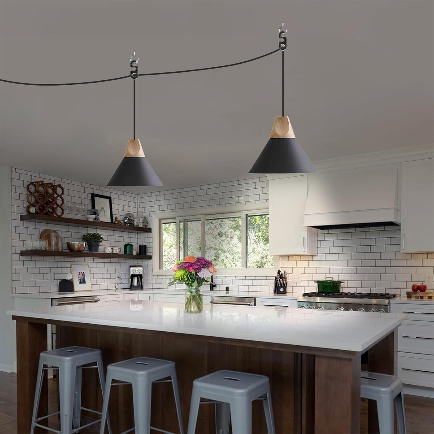 Modern Plug in Pendant Light,Haning Light with 16.4ft Cord, On/Off Switch,Hanging Light with Plug in,Solid Wood,Matte Black