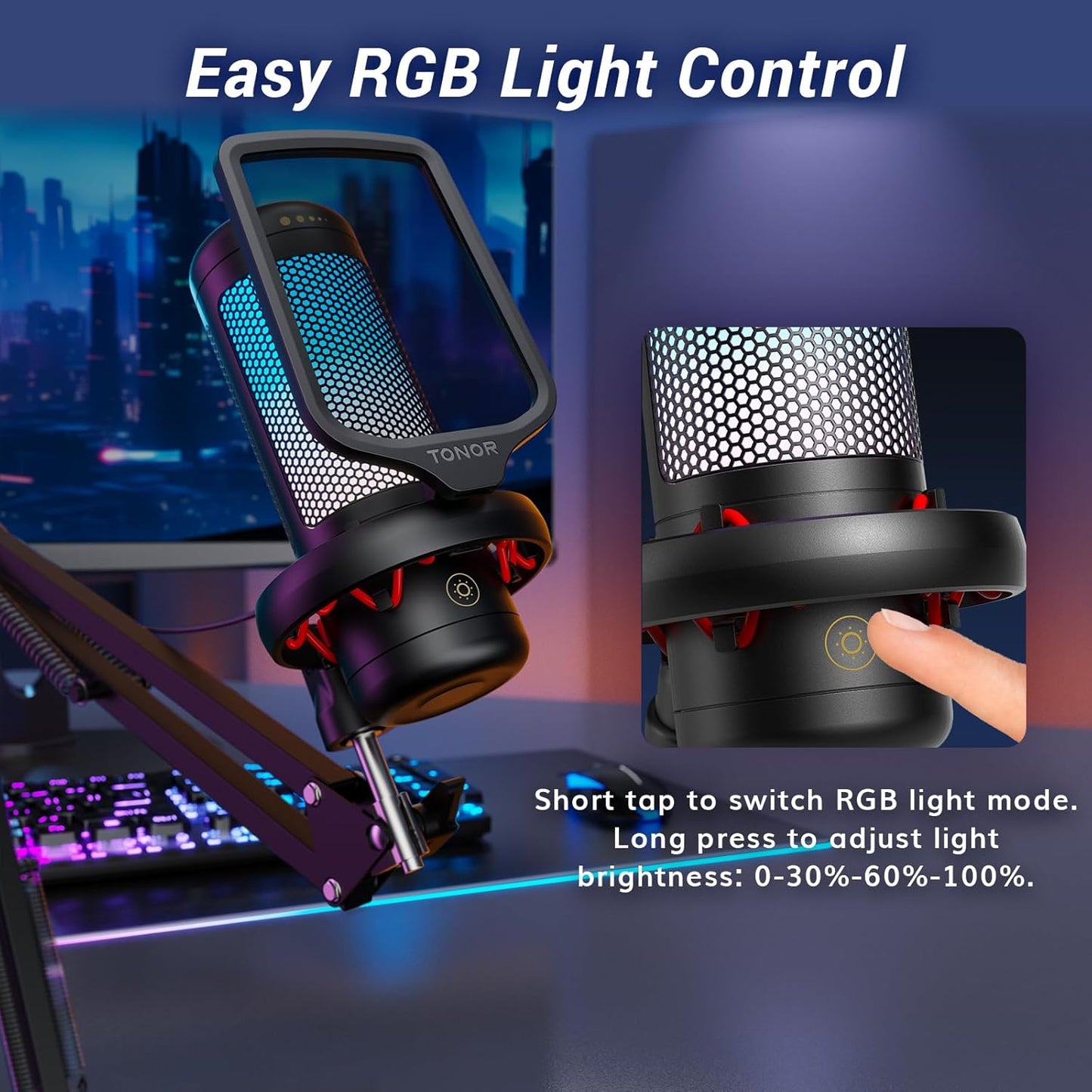 TONOR Gaming Microphone Set with Boom Arm, Vocal Condenser Microphone for PC with Stand, USB Mic with controllable RGB Light, One Tap Mute, Volume Control, for Discord, Twitch Streaming, TC310+