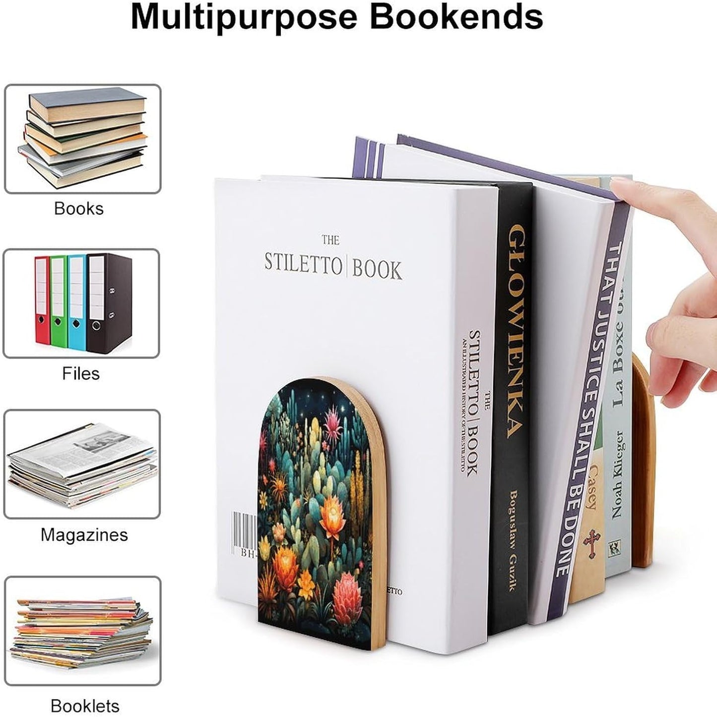 Colorful Cactus Pattern Bookends 1 Pair Heavy Duty Book Ends for Shelves Non-Skid Bookend Supports Wooden Book Holders with Metal Base Desk Organizers Books Storage to Hold Books