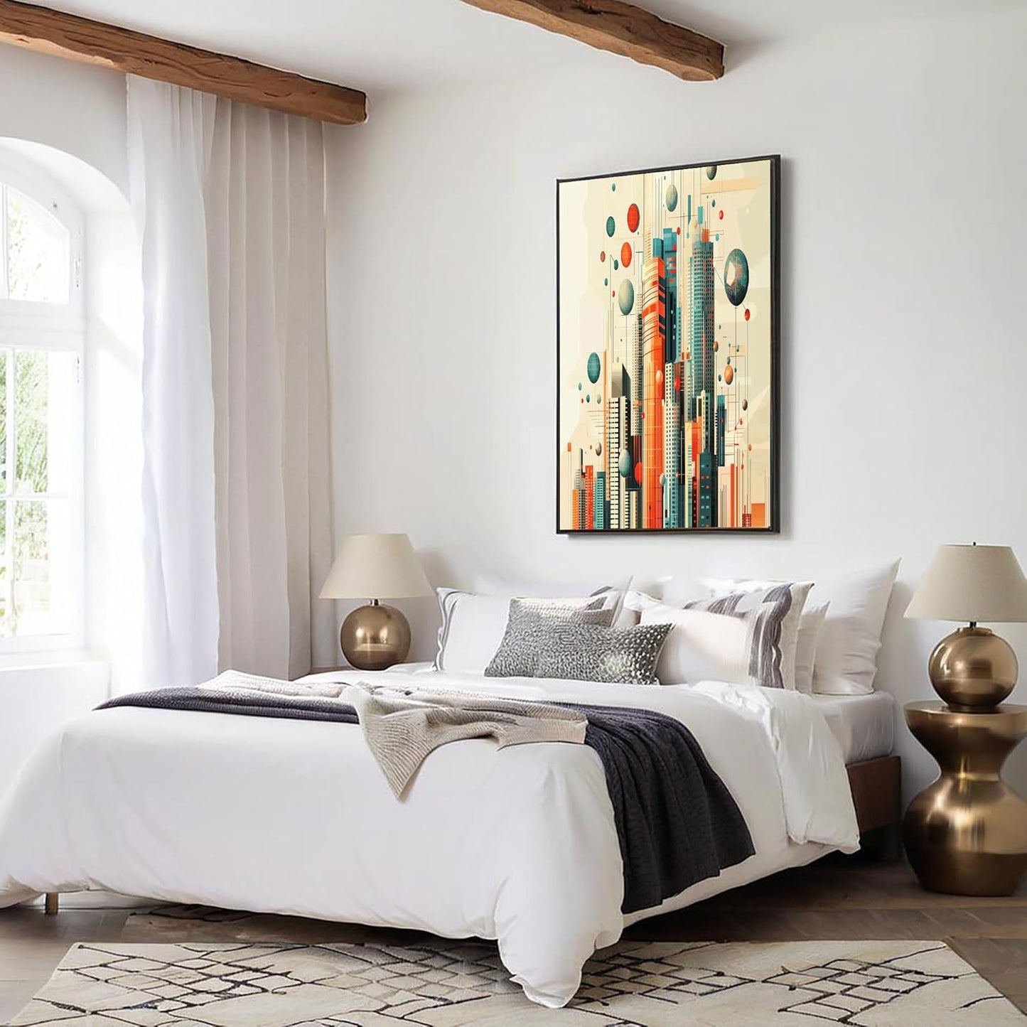 GDJSMIN Abstract Geometric Shapes Wall Art, Beige Cityscape Poster For Reading Room Living Room Decor 24 X 36 Inch Unframed