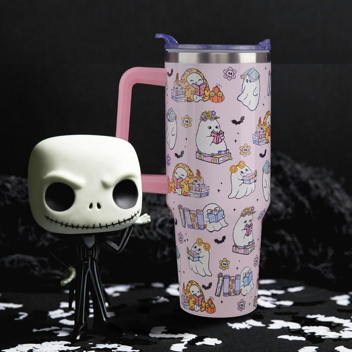 40 oz Halloween Tumbler with Lid and Straw, Stainless Steel Insulated Ghost Reading Book Tumbler 40 oz, Reusable Ghost Cup with Leak Proof Lid, Halloween Gifts for Women