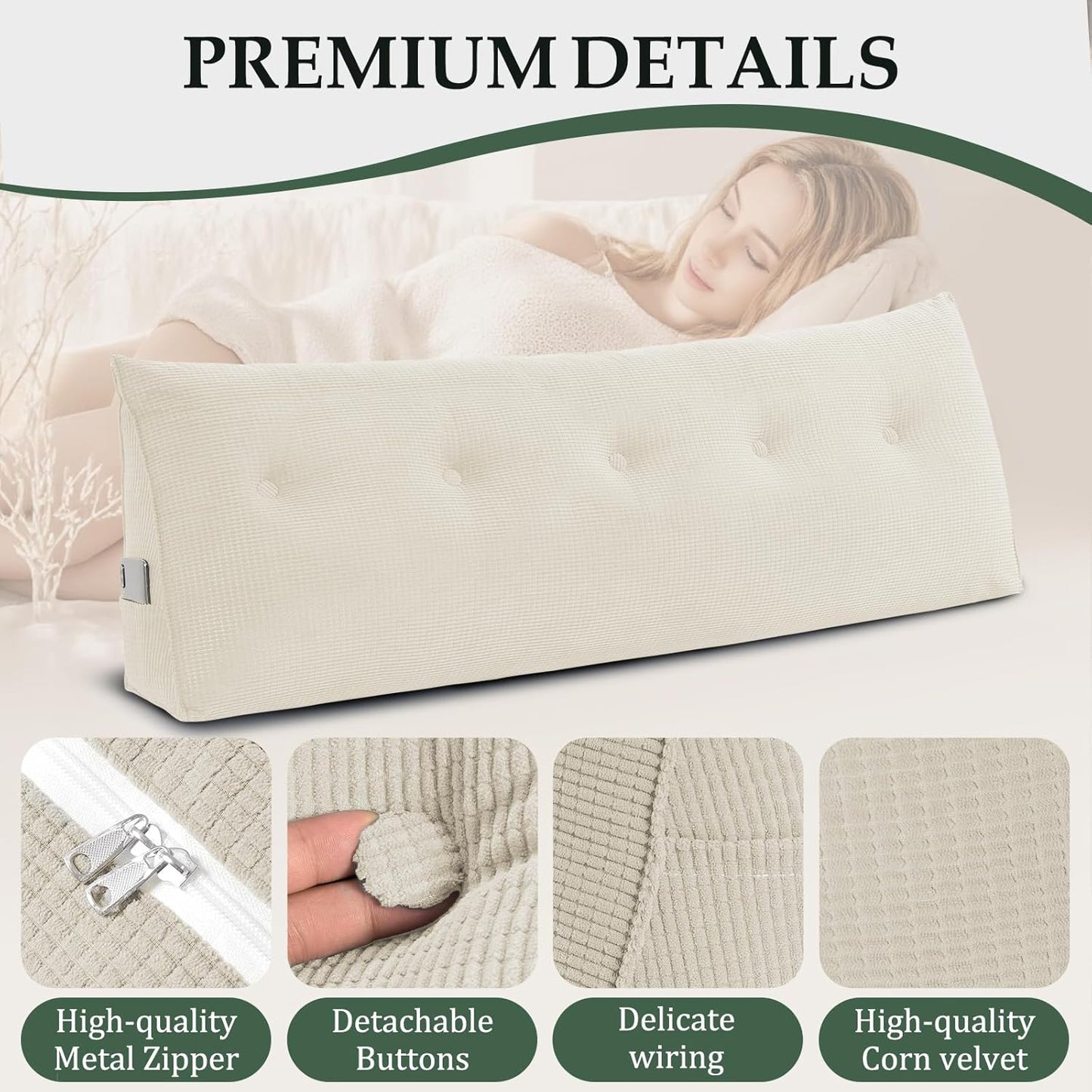 Soft Headboard Pillow Queen Size, Wall Backrest Wedge Pillow Headboard Queen, Reading Backboard Pillows, Large Dorm Daybed Bolster Pillows for Back Support with Removable Cover, Beige