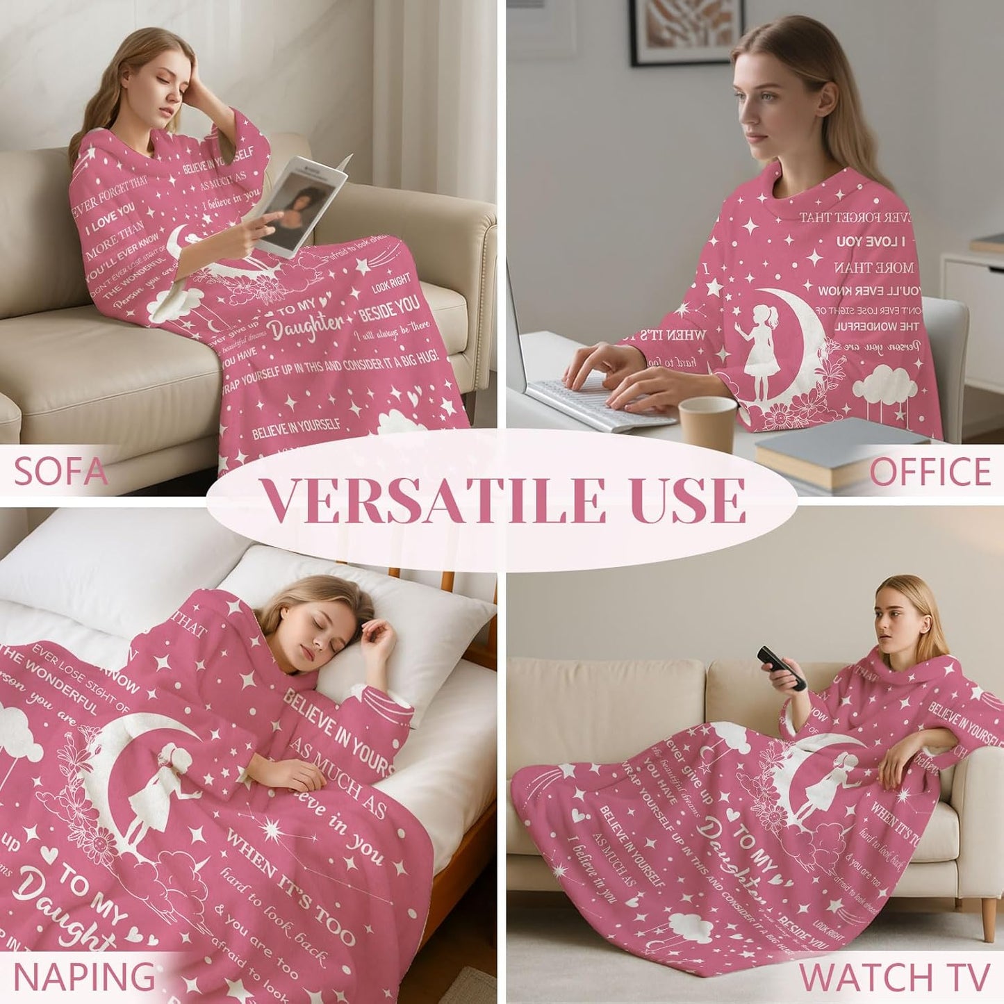 Wearable Blanket with Sleeves, Flannel Wearable Blanket for Women Girls Mom, Comfy Snuggy Wrap Throws for TV Sofa
