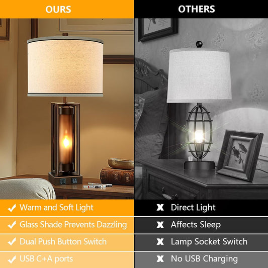 RORIANO Rustic Table Lamps for Living Room with USB C+A Ports, Farmhouse Vintage Nightstand Lamp with Amber Acrylic Night Light, Retro Desk Lamp for Bedroom Entryway Dorm, 2 Bulbs Included (Brown)