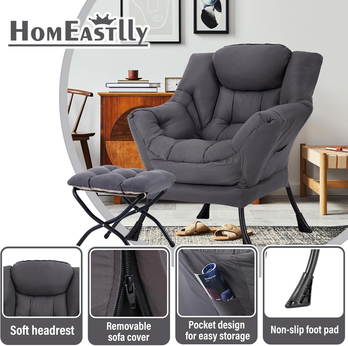 Lazy Chair with Ottoman, Large Dark Grey Accent Chair with Ottoman, Comfy Reading Armchair, Leisure Sofa Chair for Living Room, Bedroom, Dorm Room, Office