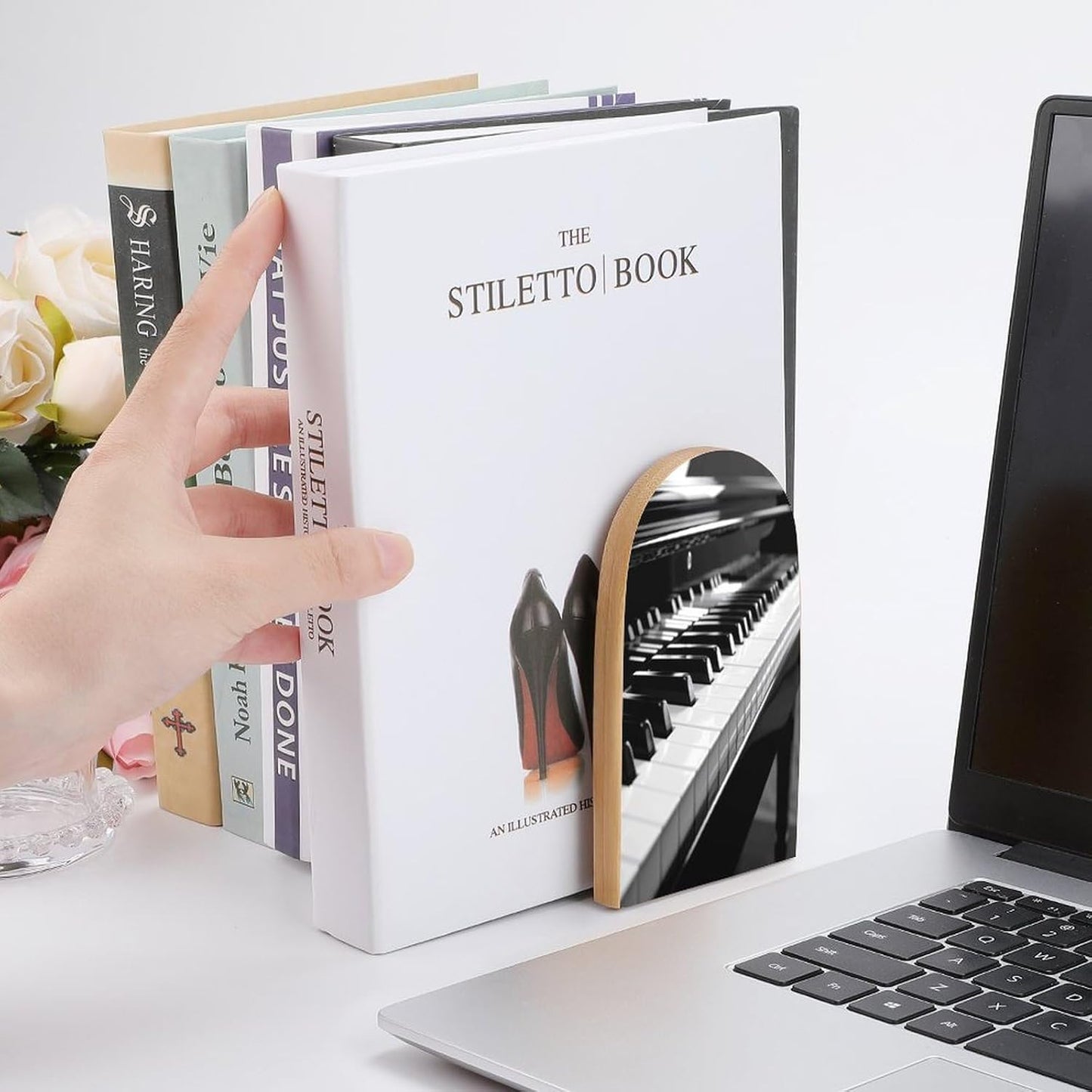 Black White Piano Keyboard Bookends 1 Pair Heavy Duty Book Ends for Shelves Non-Skid Bookend Supports Wooden Book Holders with Metal Base Desk Organizers Books Storage to Hold Books