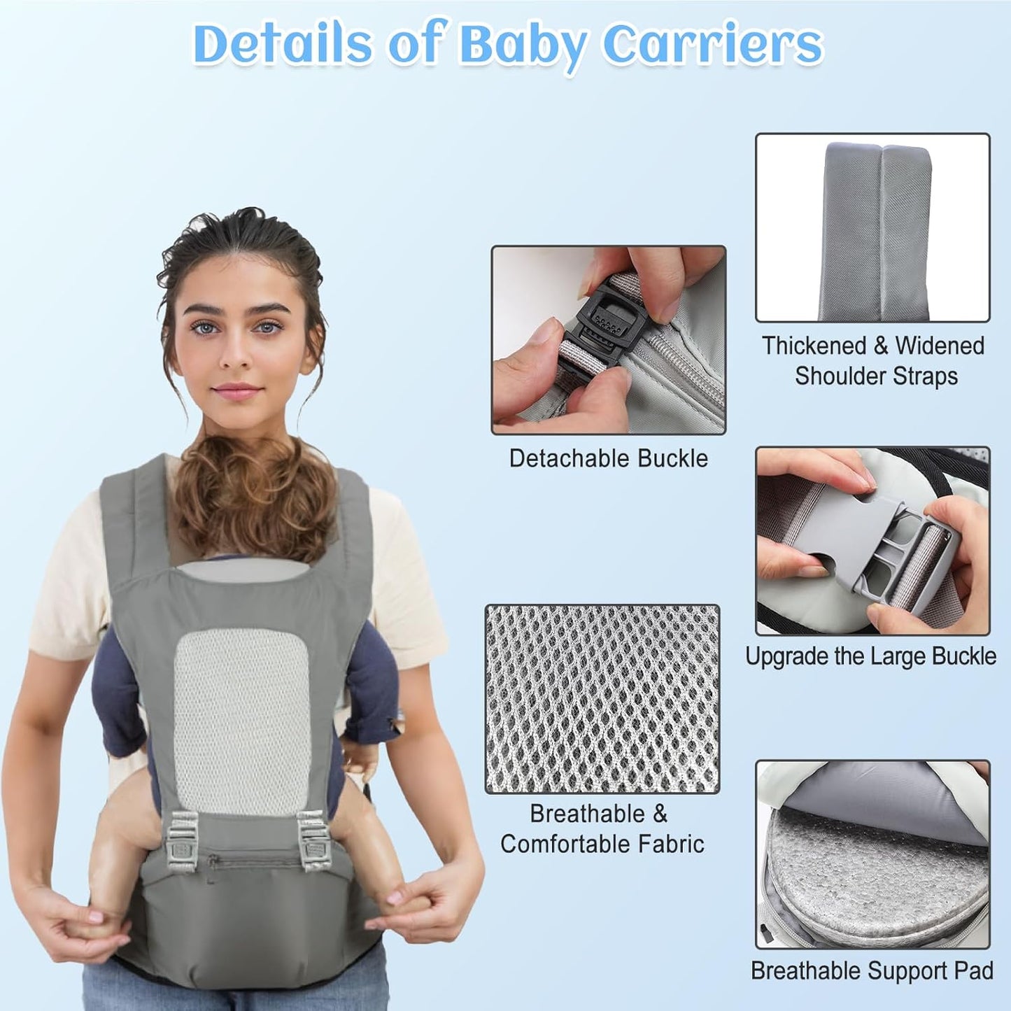 Baby Carrier with Hip Seat,Safety-Certified 2-in-1 Baby Carrier Newborn to Toddler, Adjustable Detachable Infant Hip Seat for Baby 44lbs, Comfortable Lightweight, Baby Bibs for Boys and Girls, Gray