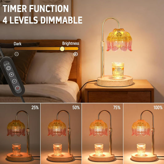 Flower Candle Warmer Lamp for Jar Candles with Timer & Dimmer, Adjustable Height Fits Large Jars up to 7.08" Tall, Flameless Wax Warmer, Cozy Bedroom Home Decor, Gift for Mom Women,Light Pink