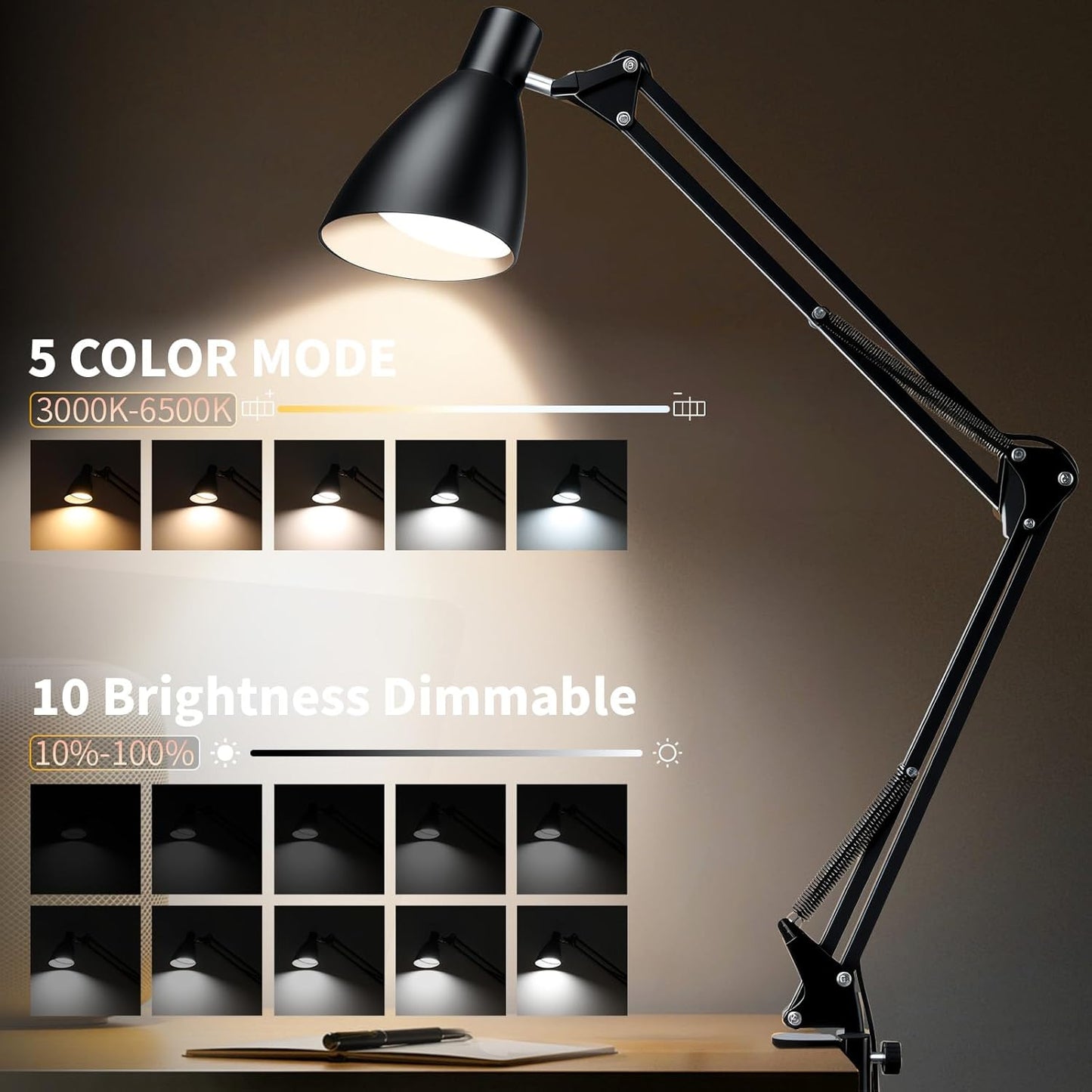 Led Desk Lamp for Home Office - Adjustable Gooseneck Table Stand with Clamp 5 Color Modes and 10 Brightness for Architect Puzzle Light Reading Craft Computer Work Study Sewing(Black)