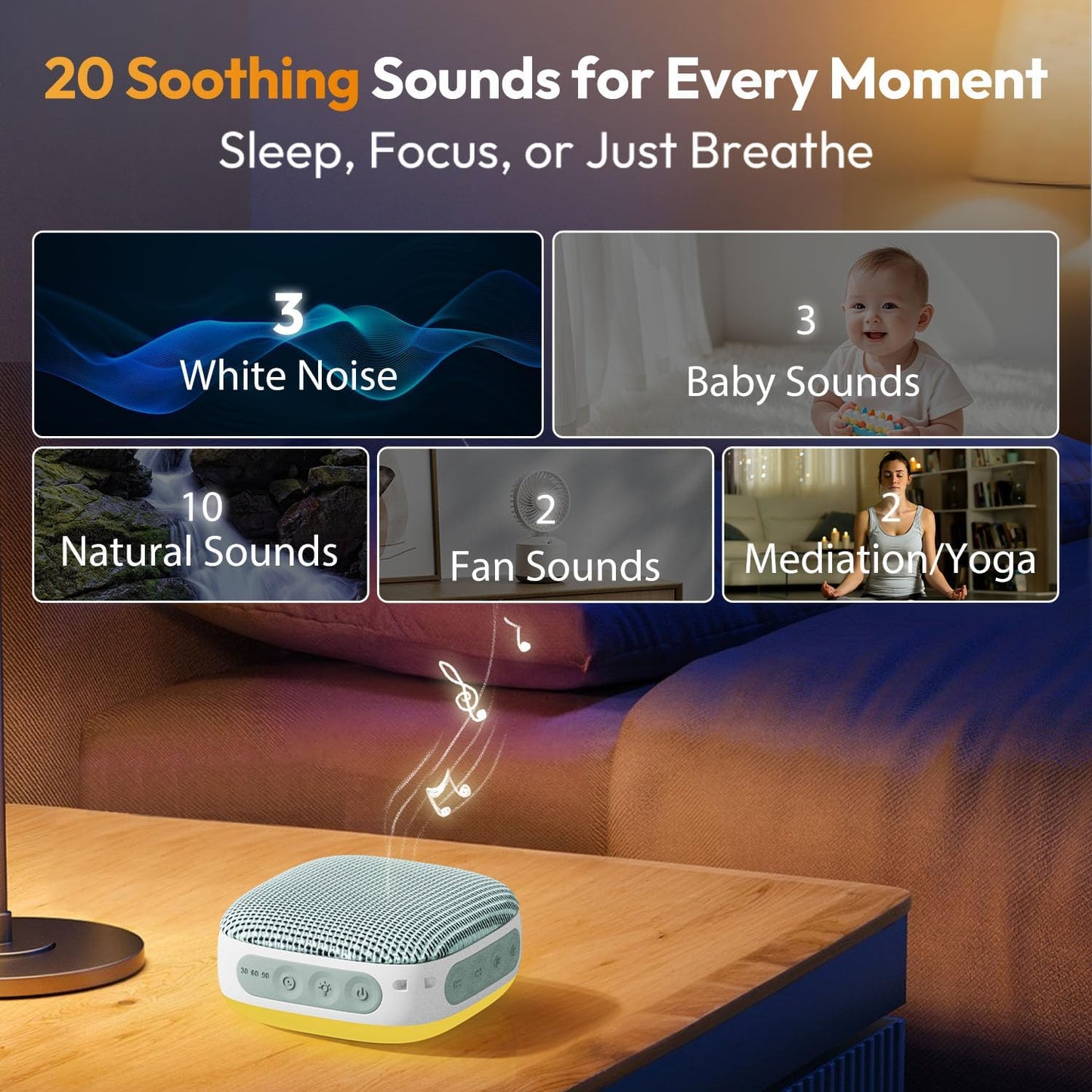 Portable Sound Machine for Travel, White Noise Sound Machine for Sleeping with Night Light, 20 Quality Non-looping Sounds, Headphone Jack, Memory, Timer for Adults,Hotel(Green)