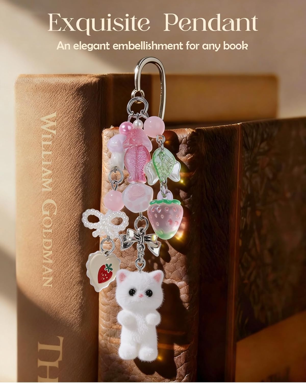 Buleens 2 Pack Bookmarks for Women Reading - Book Marks for Readers Book Lovers, Cute Cat Pink Grey Personalized Metal Bookmark with Pendants, Pretty and Aesthetic Book Accessories Reading Gifts