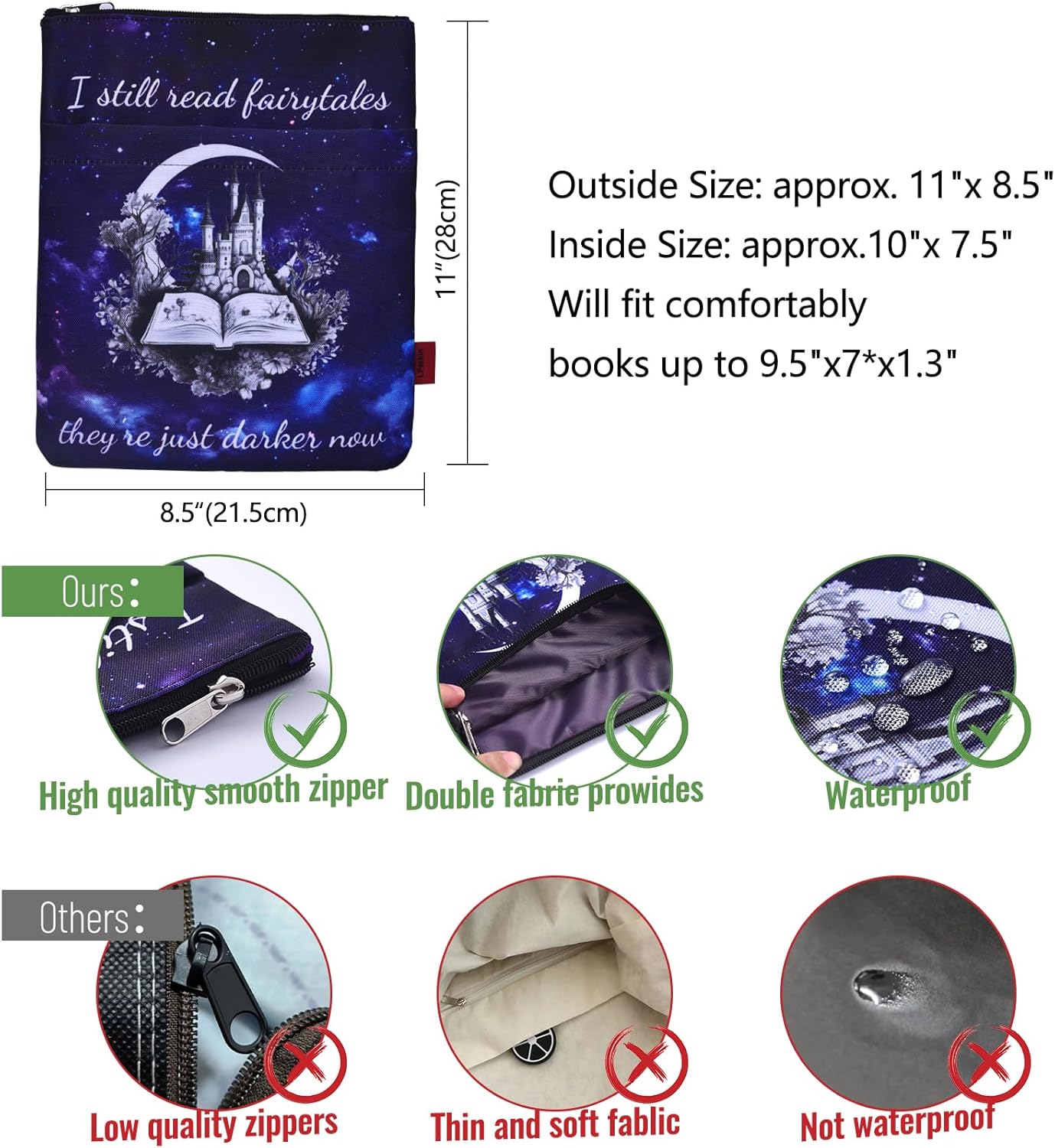 LParkin Book Sleeve Cover with Zipper, I Still Read Fairytales They're Just Darker Now Book Protector Pouch, Washable Fabric Book Sleeves for Romance Lover, 11 x 8.5 Inch Smut Reader Gift