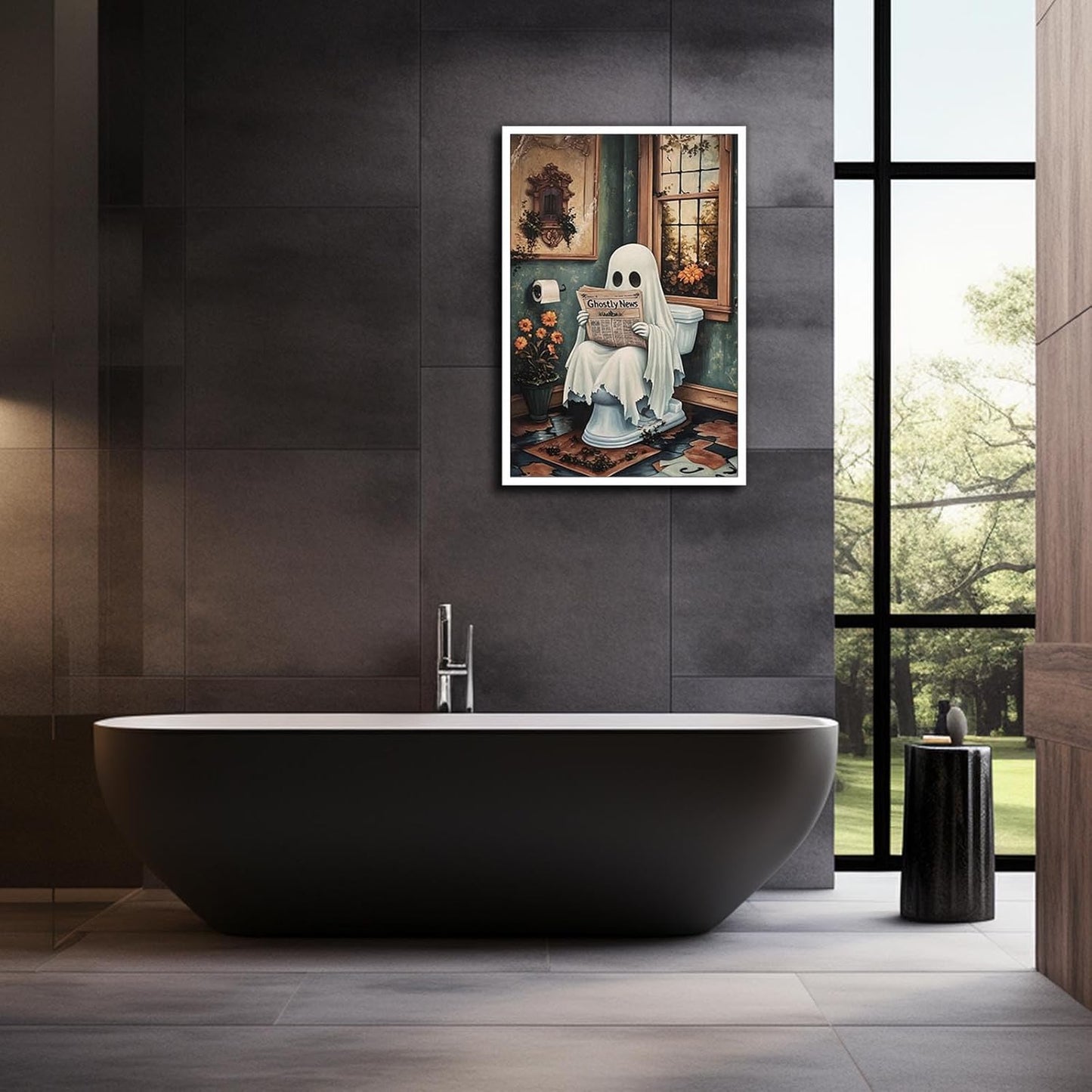 Halloweenn Ghost Reading Newspaper Bathroom Wall Art Funny Ghost On Toilet Posters Spooky Dark Academia Gothic Canvas Print Vintage Whimsical Horror Wall Decor for Apartment Dorm 12x16in Unframed