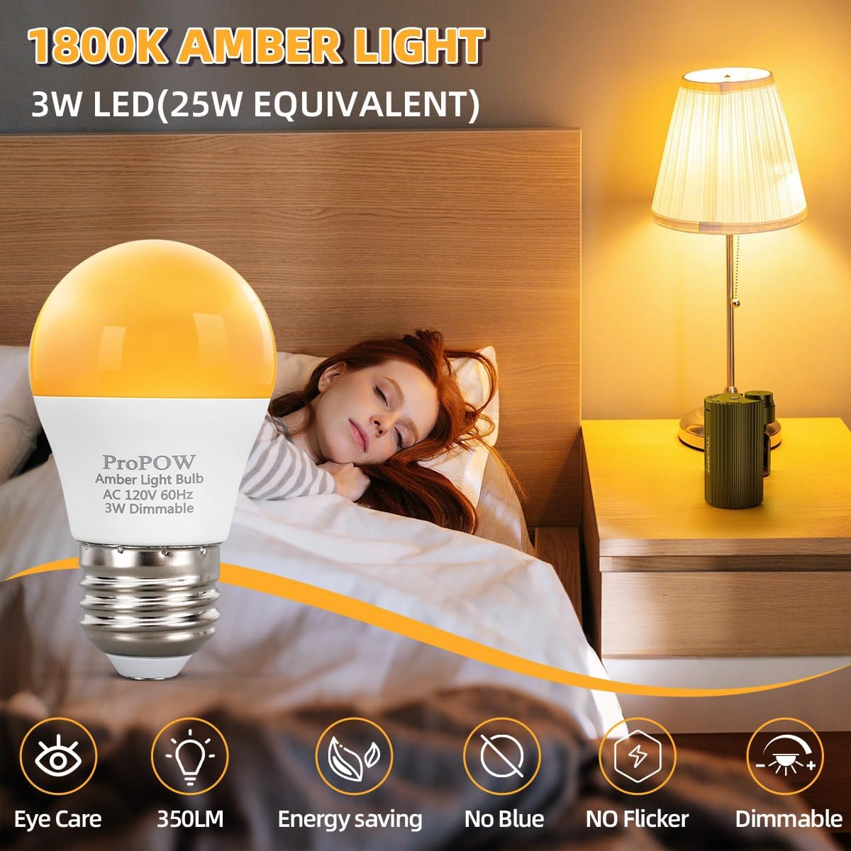 1800K Amber Sleep Light Bulbs - Blue Light Blocking, Dimmable A15 E26 LED Bulbs (3W, 25W Eqv) for Healthy Sleep, Bedroom & Nursery, 4 Pack