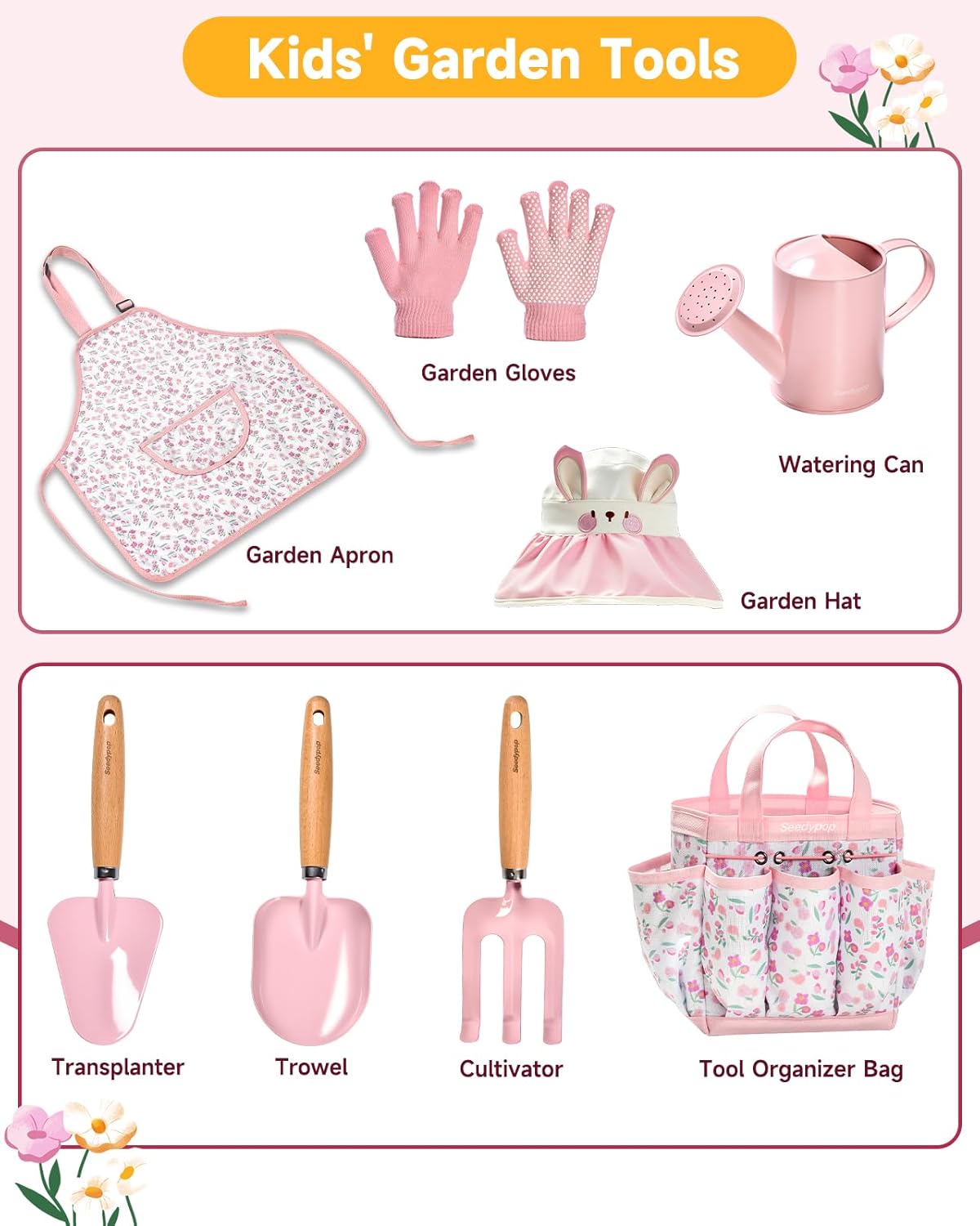 Kids Gardening Tool Set Toys - 8 Pieces Quality Garden Kit for Toddlers & Kids with Shovels, Rake, Watering Can, Hat, Apron, Gloves & Storage Bag (Pink Flower)