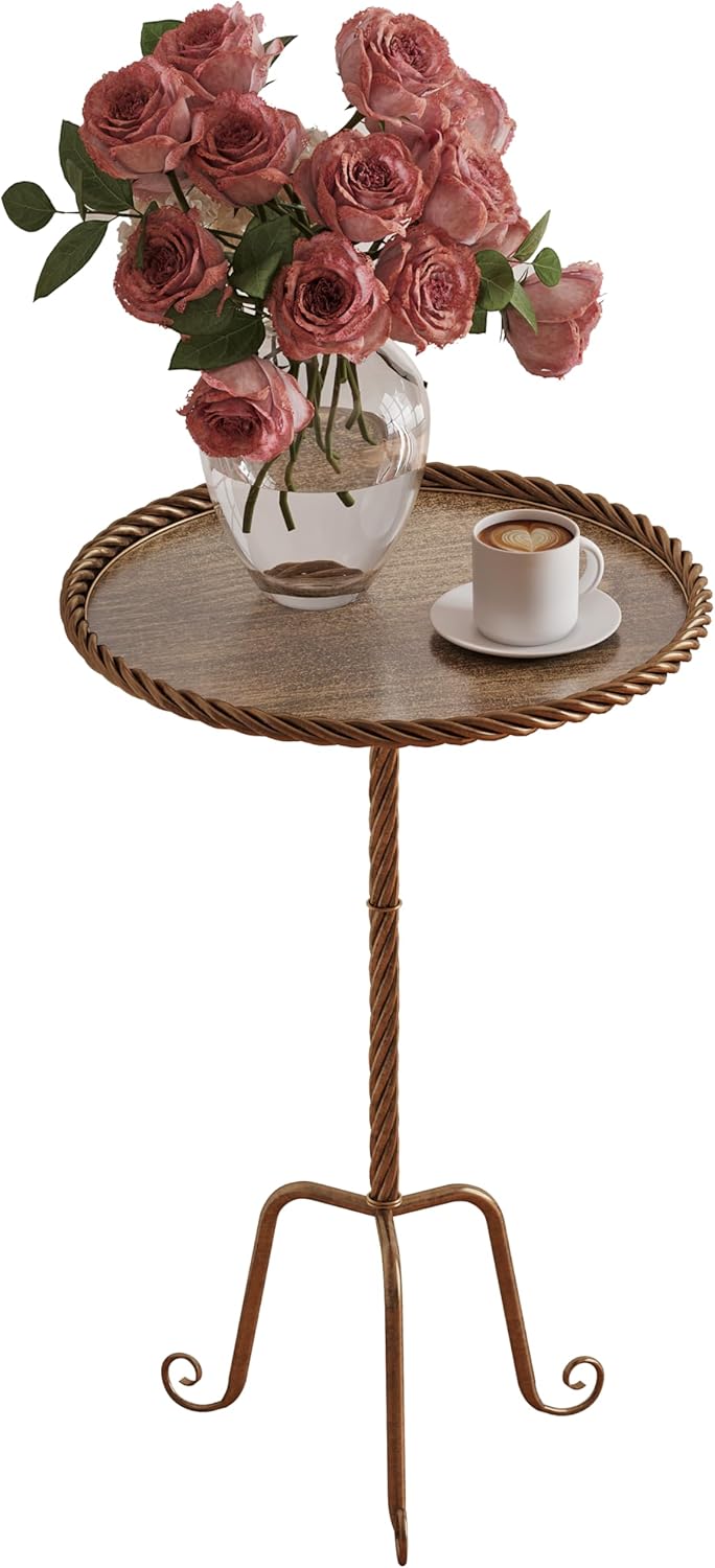 Vintage Bronze Round Metal Side Table with Raised Rim, Twisted Pedestal and Curved Tripod Base, Compact Art Deco Drink Table,13" Accent Table for Living Room, Bedroom or Corners (1, Bronze)