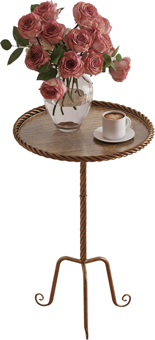 Vintage Bronze Round Metal Side Table with Raised Rim, Twisted Pedestal and Curved Tripod Base, Compact Art Deco Drink Table,13" Accent Table for Living Room, Bedroom or Corners (1, Bronze)