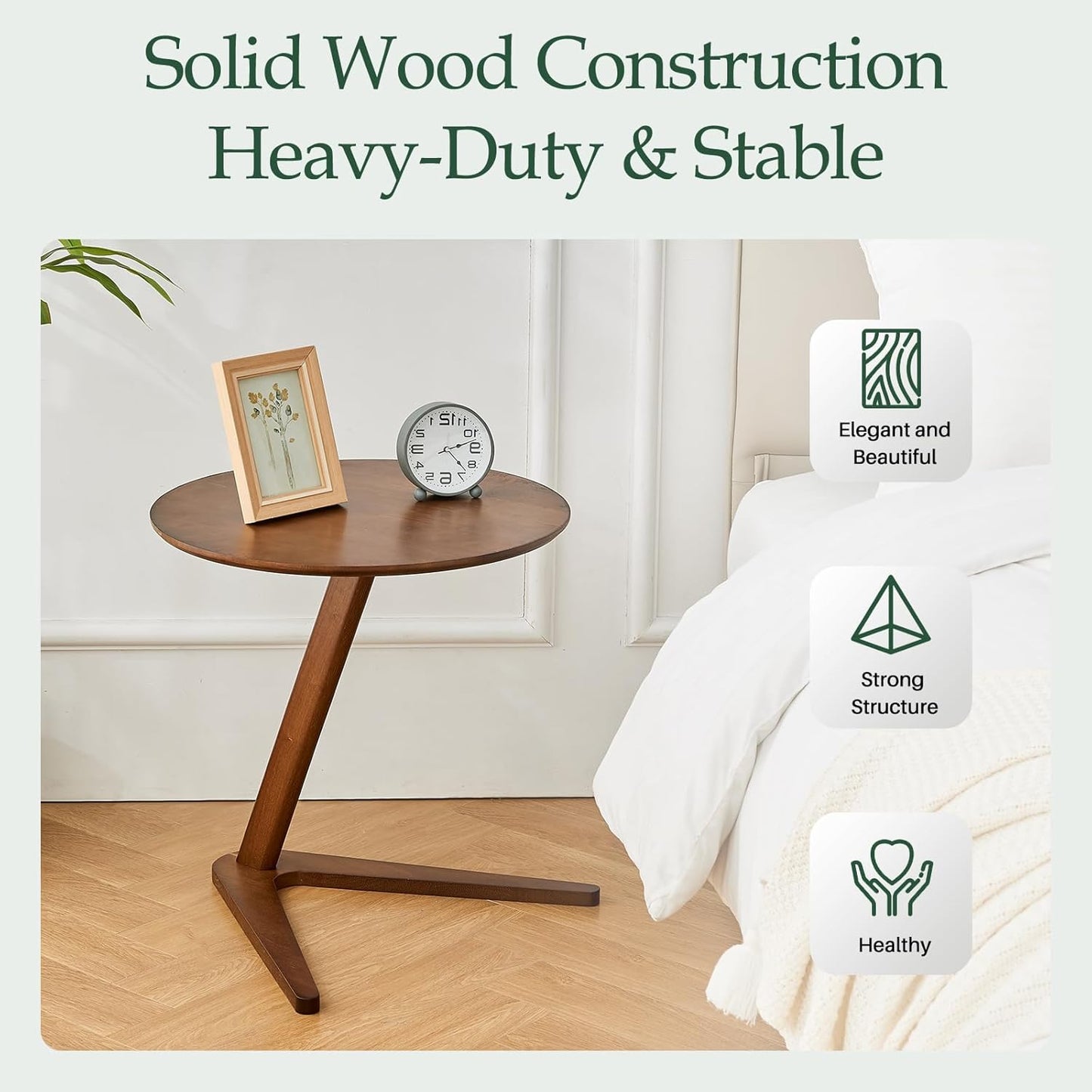 C-Shaped End Table for Couch - Solid Wood C Table for Sofa, Small Round Wooden Handmade Couch Tables That Slide Under Bedside Tray Side Tables for Living Room, Bedroom, Small Space, 19.7"