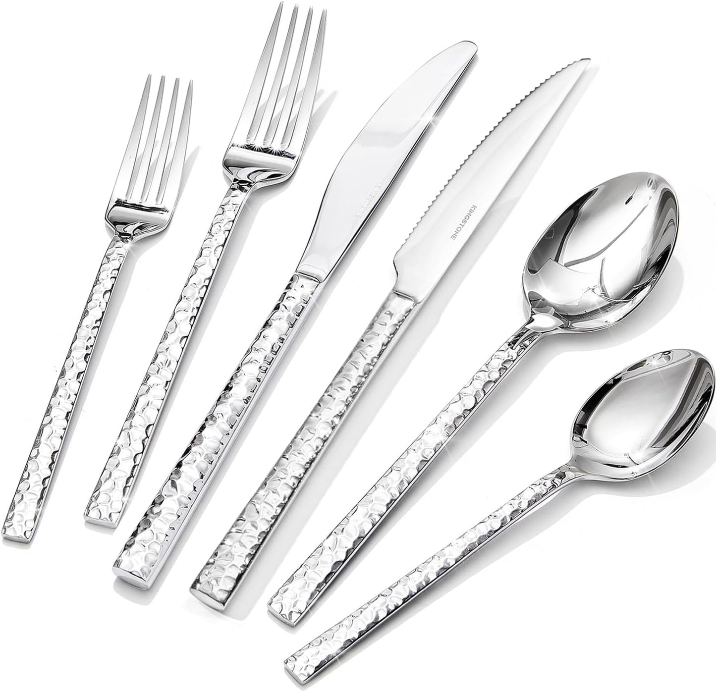 KINGSTONE 36 Piece Silverware Set with Steak Knives, Hammered Silverware Set for 6, 18/10 Stainless Steel Flatware, Cutlery Set for Home, Party, Wedding, Mirror Polished Dishwasher Safe