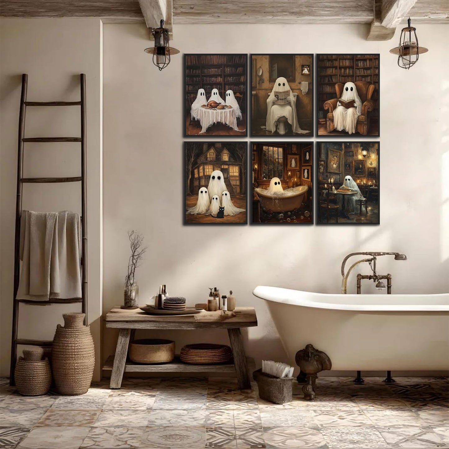 6Pcs Halloween Ghost Wall Art Gothic Ghost Scenes Reading Bathing Dining Wall decoration pictures Spooky Halloween Canvas Posters Prints for Bedroom Bathroom Home Decor Unframed (12inx16in Posters)
