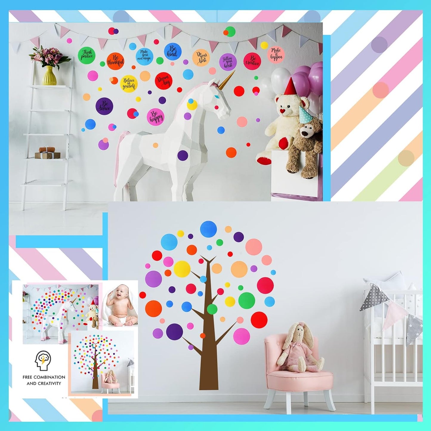 TaoBary 288 Pcs Polka Dot Wall Sticker Inspirational Wall Decal for Classroom Kids Motivational Quote Circle Wall Sticker Removable Lettering Positive Saying Sticker for Dance Yoga Gym (Classic)
