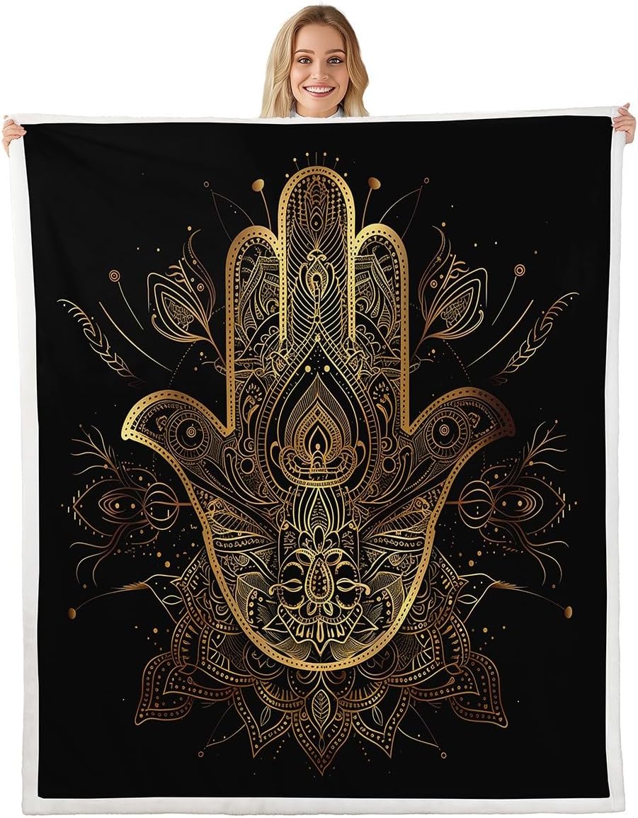 Gold Hamsa Hand Throw Blanket Black Gold Mandala Fleece Blanket Boho Bed Blanket for Kids Teens Boys Girls Room Decor, Lucky Hand of Fatima Flannel Blanket, Twin Size (60 x 80 Inches)
