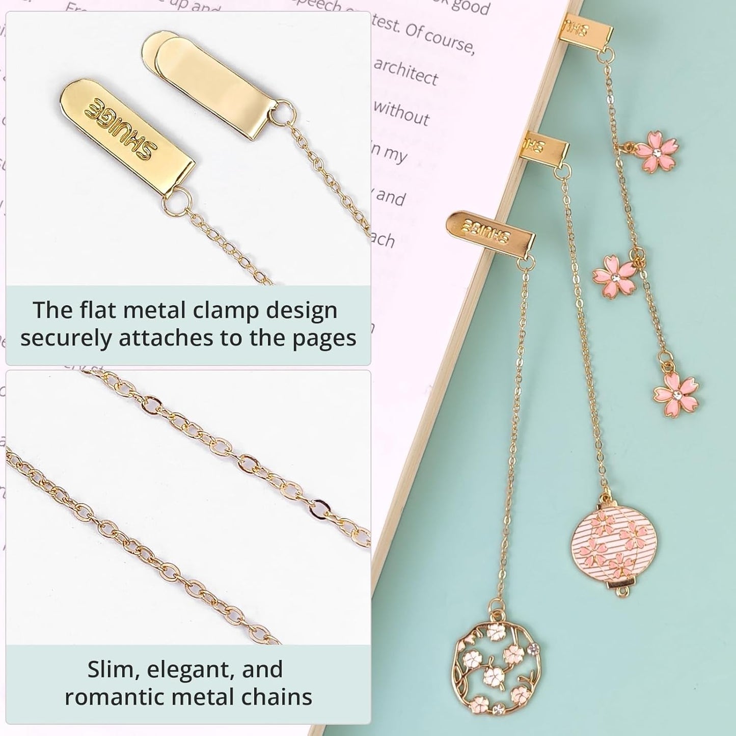 Metal Bookmarks for Women, Cute Japanese Cherry Blossom Bookmark Set of 4 with Chain, Pretty Floral Book Marks, Fancy Reading Accessories and Bookish Gifts for Book Lovers