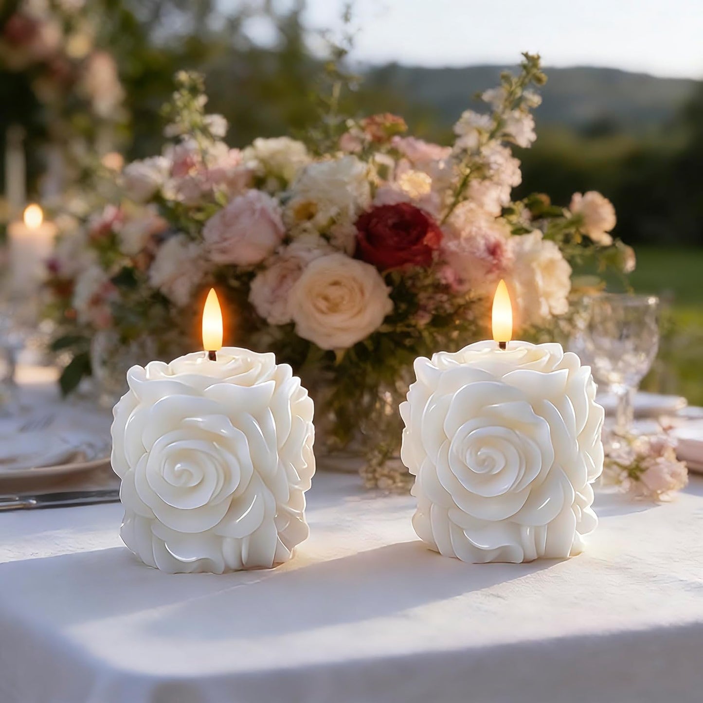 Valentine Day Rose Flameless Candles with Remote and Timer, 2 Pack Flickering LED Candles for Proposal Wedding Anniversary Romantic Night, White