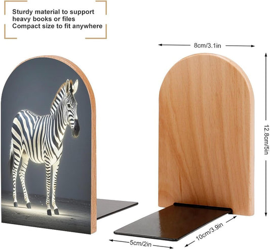 Glowing Zebra Bookends 1 Pair Heavy Duty Book Ends for Shelves Non-Skid Bookend Supports Wooden Book Holders with Metal Base Desk Organizers Books Storage to Hold Books