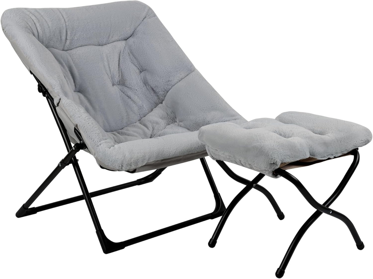 Comfy Saucer Chair for Adults, Soft Faux Fur Bedroom Chair with Ottoman, Accent Dorm Chairs, Living Room Reading Chairs and Footstool, Folding Seat for Teens, X-Large, Grey