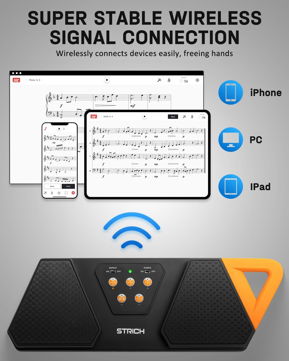 STRICH Wireless Page Turner Pedal for Musical Instruments, Anti-Slip Rubber Portable Foot Pedal, Silent Rechargeable Music Page Turner for iPad, Tablets, Phone, Super-long Endurance, SPT-10X, Orange
