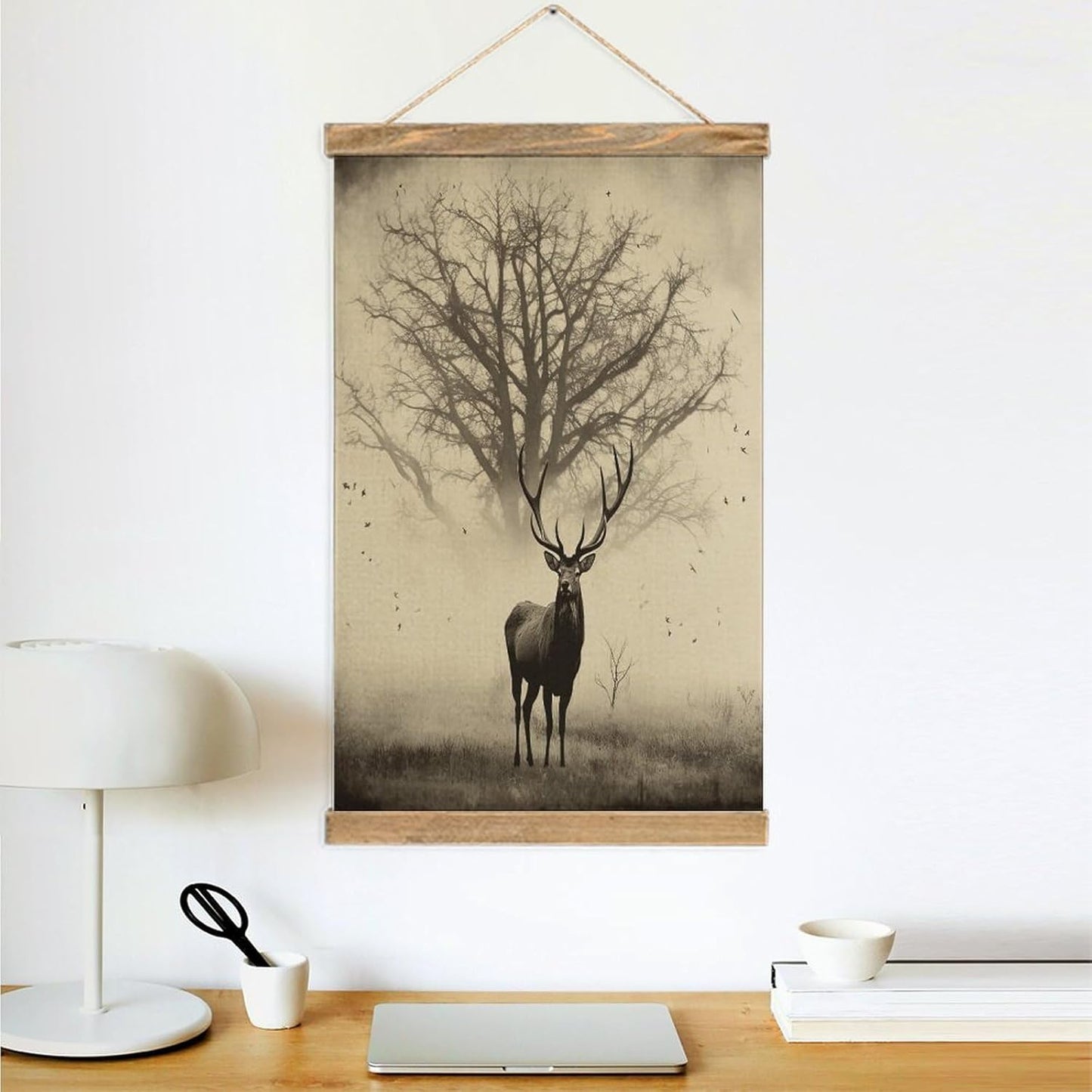 Vintage Abstract Tree Elk Picture Poster with Wooden Frame Personalized Linen Hanging Scroll Painting Rustic Wall Hanging Illustrative Modern Artwork Decor for Home Living Room Bedroom Office