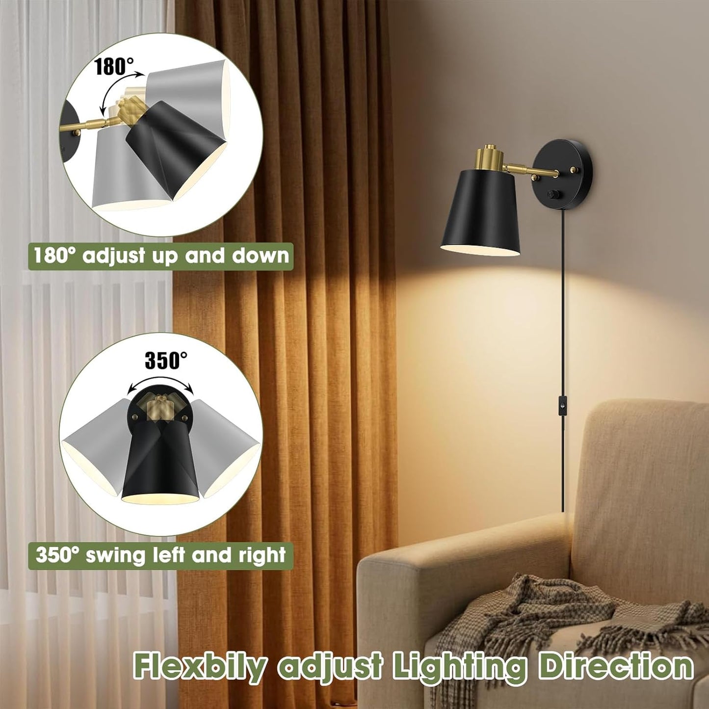 Plug in Wall Sconces Set of 2, Dimmable Wall Lights with Plug in Cord and Dimmer On/Off Knob Switch, Adjustable Angle Black Wall Mounted Lamp for Bedside Bedroom Living Room (2 Bulbs Included)