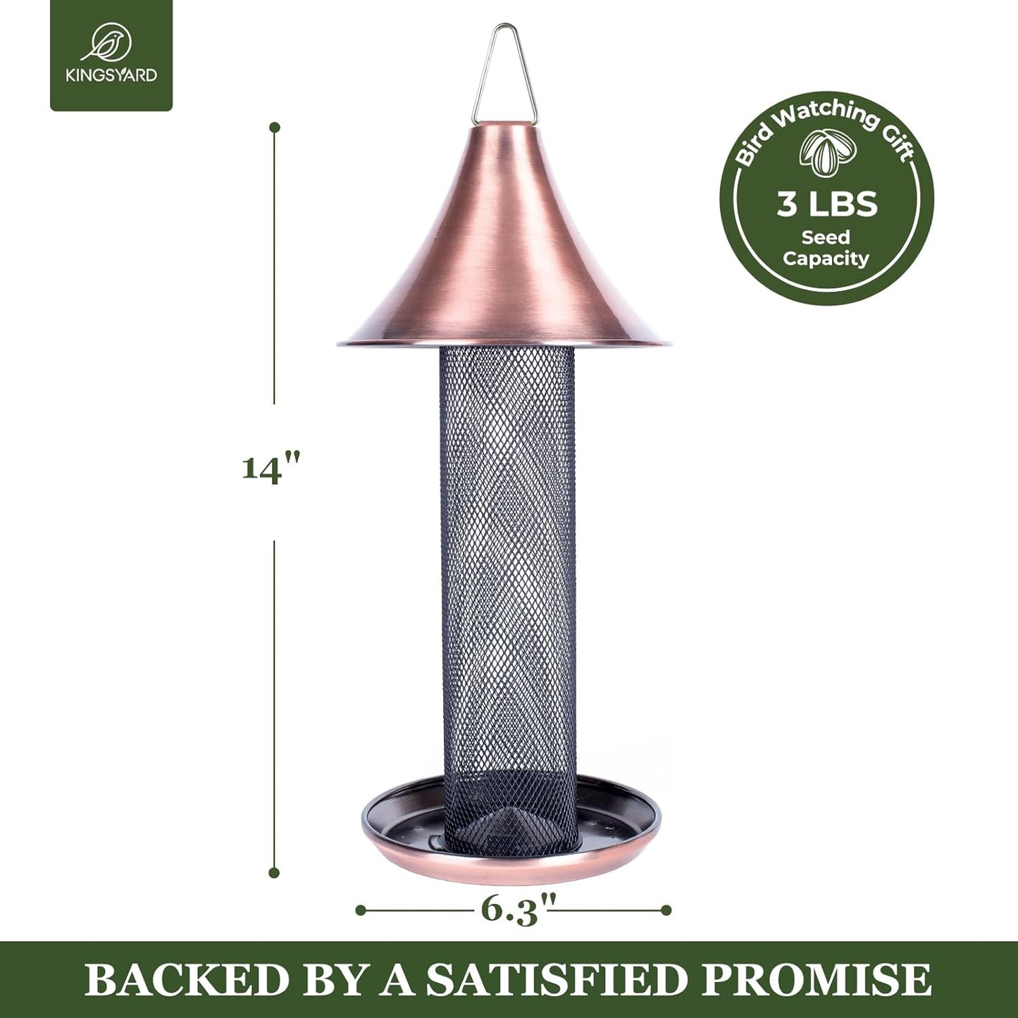 Kingsyard Thistle Bird Feeder for Outdoors Hanging, All Metal, Finch Mesh Tube Feeder with Weatherproof Roof & Seed Tray, 3 lbs Seed Capacity, Great for Attracting Wild Bird, Brushed Copper