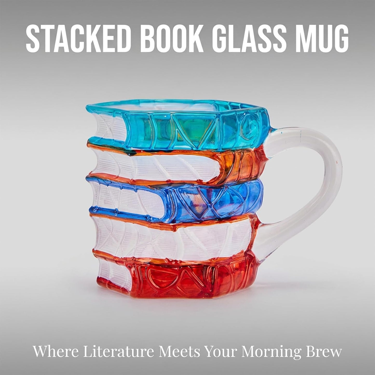 3D Book Mug, Painted Stained Glass Style Coffee Cup, 12oz Glass Library Mugs for Book Lovers, Novelty Reader Gifts with Gold Leaf Spoon, Chapter Cup for Library and Home Office